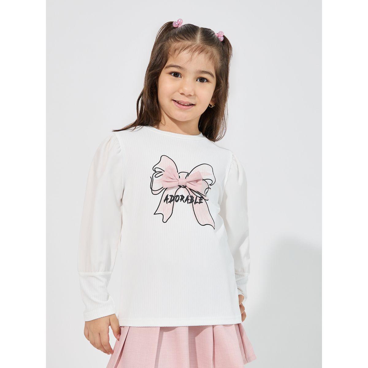Styli Bow Applique Top & Asymmetric Waist Pleated Skirt Set-girls-clothing-setsandcoords-image-2
