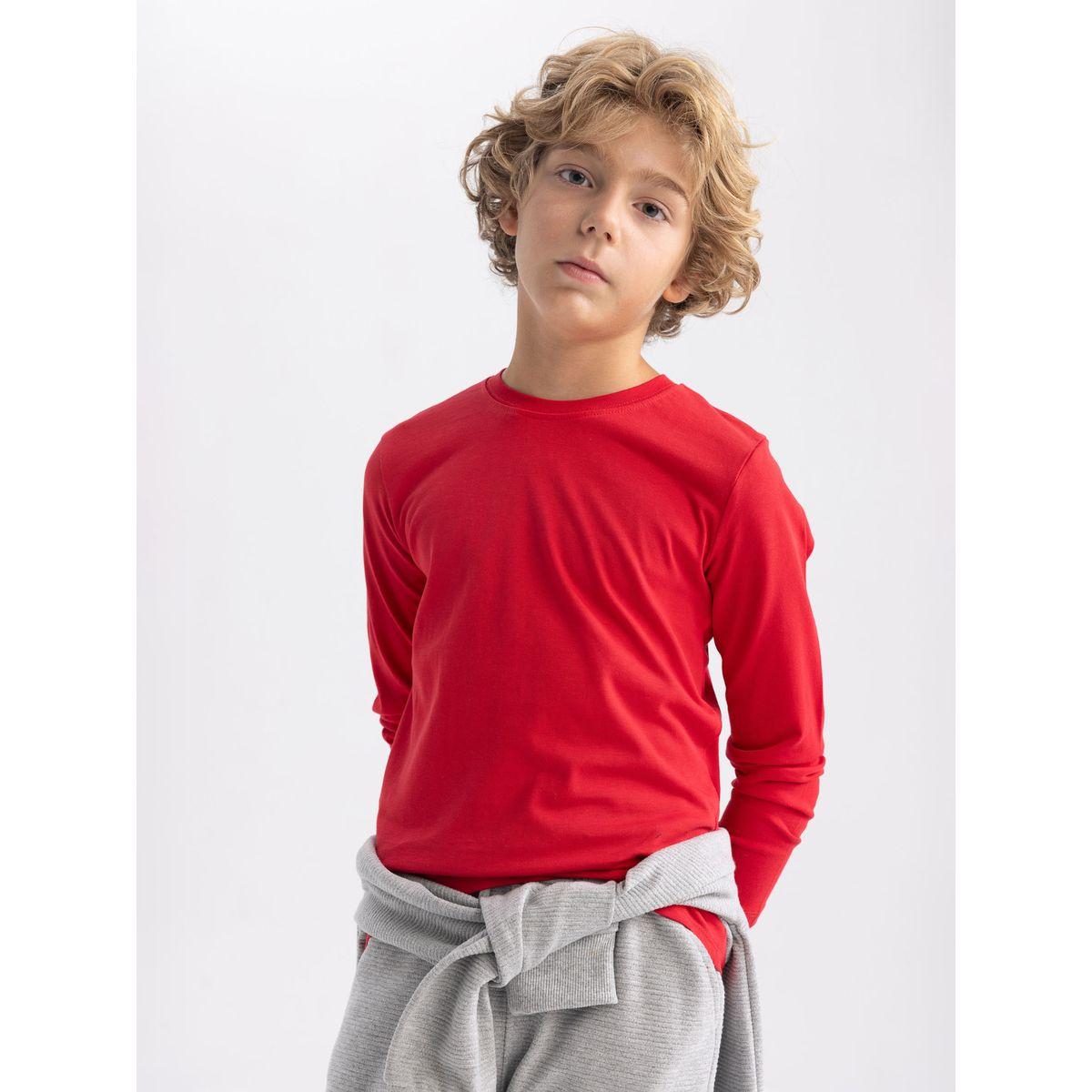 تيشيرت سادة بياقة دائرية واكمام طويلة ديفاكتو × ستايلي-boys-clothing-tshirtsandpolos-image-1