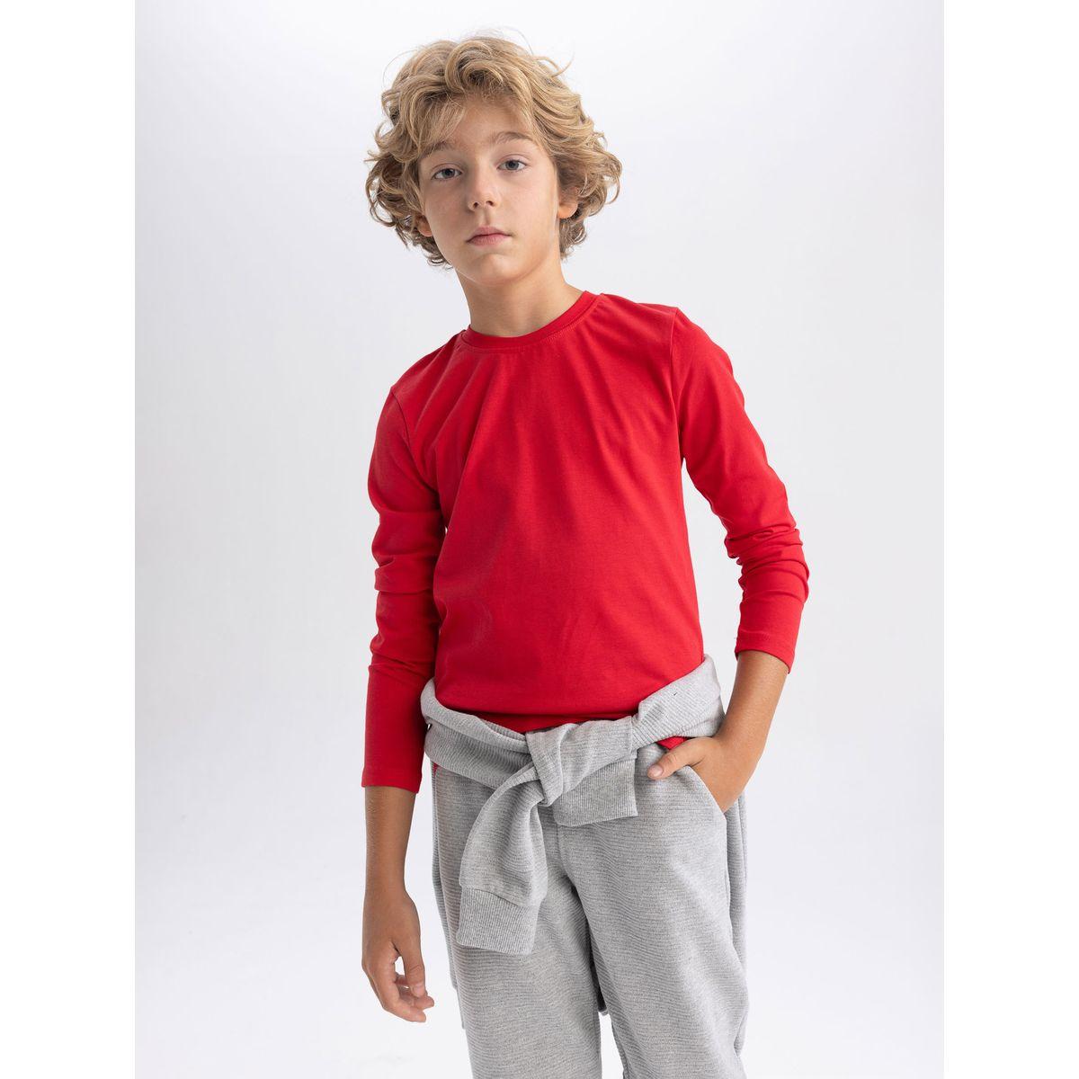 تيشيرت سادة بياقة دائرية واكمام طويلة ديفاكتو × ستايلي-boys-clothing-tshirtsandpolos-image-2