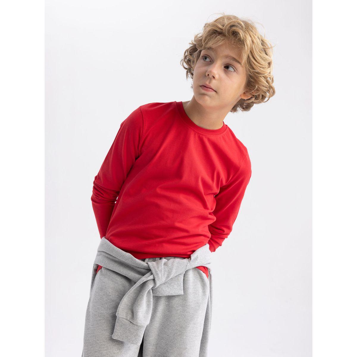 تيشيرت سادة بياقة دائرية واكمام طويلة ديفاكتو × ستايلي-boys-clothing-tshirtsandpolos-image-3