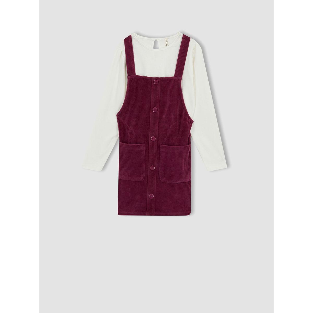 DeFacto X Styli  Solid Long Sleeves T-Shirt & Velvet Salopette Dress-girls-clothing-setsandcoords-image-1