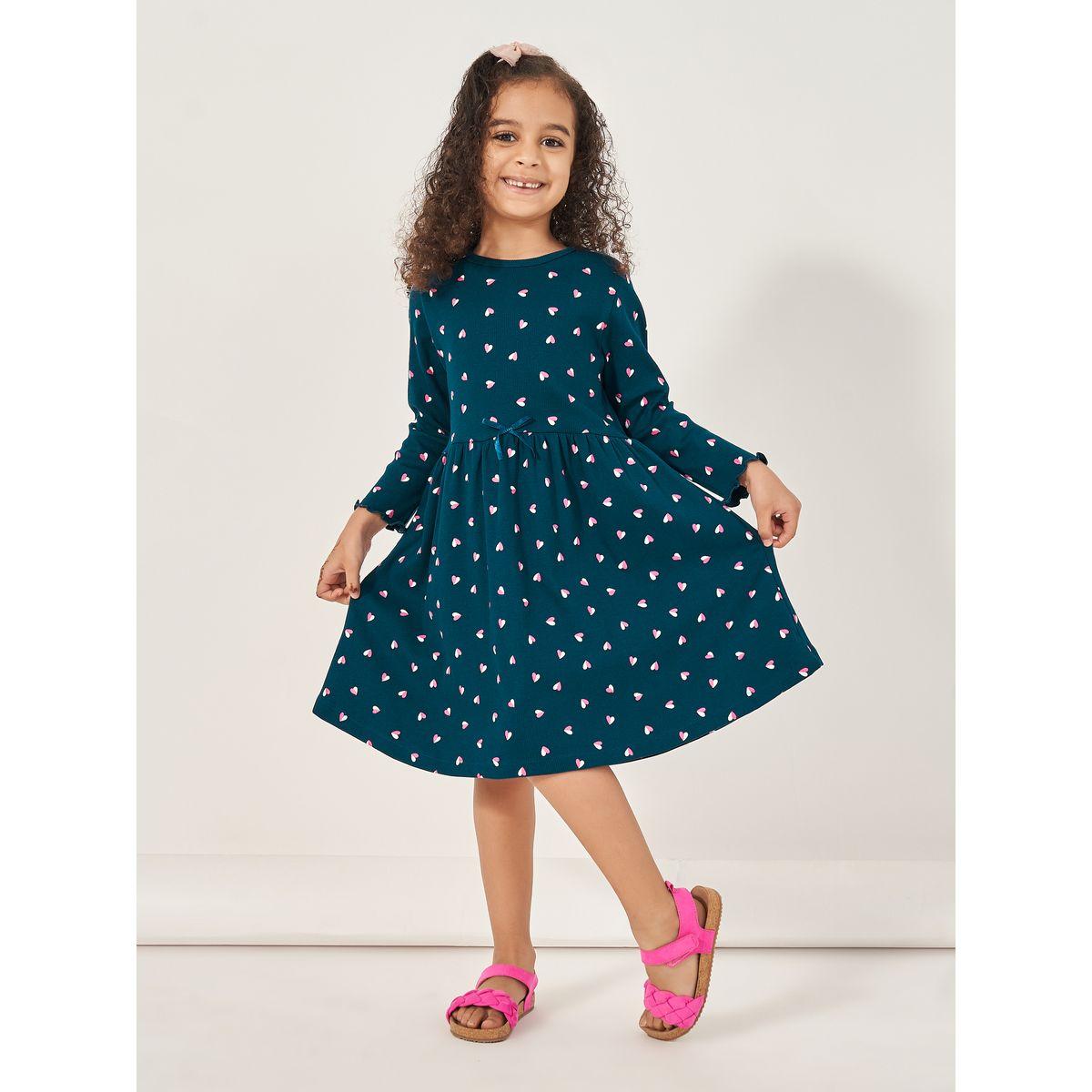 Styli All-Over Heart Print Rib Knit Knee Length Dress-girls-clothing-dressesandjumpsuits-image-1