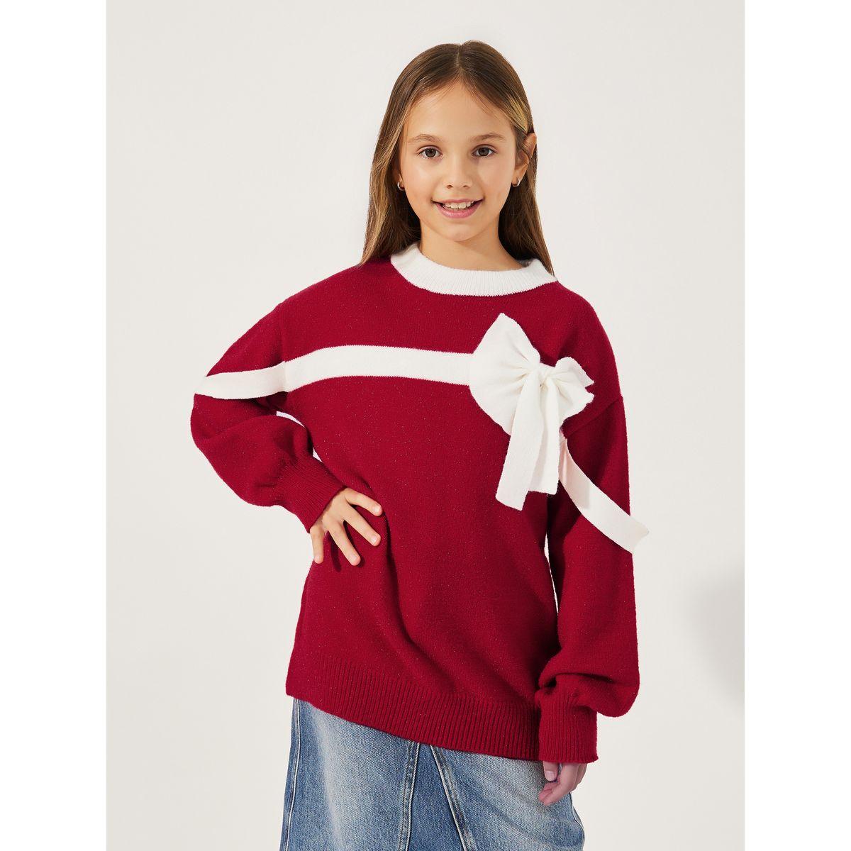 Styli Oversized Contrast Color Knitted Bow Applique Sweater-girls-clothing-jumpersandcardigans-image-1