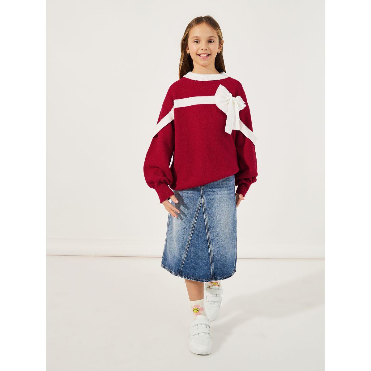 Styli Oversized Contrast Color Knitted Bow Applique Sweater-girls-clothing-jumpersandcardigans-image-2