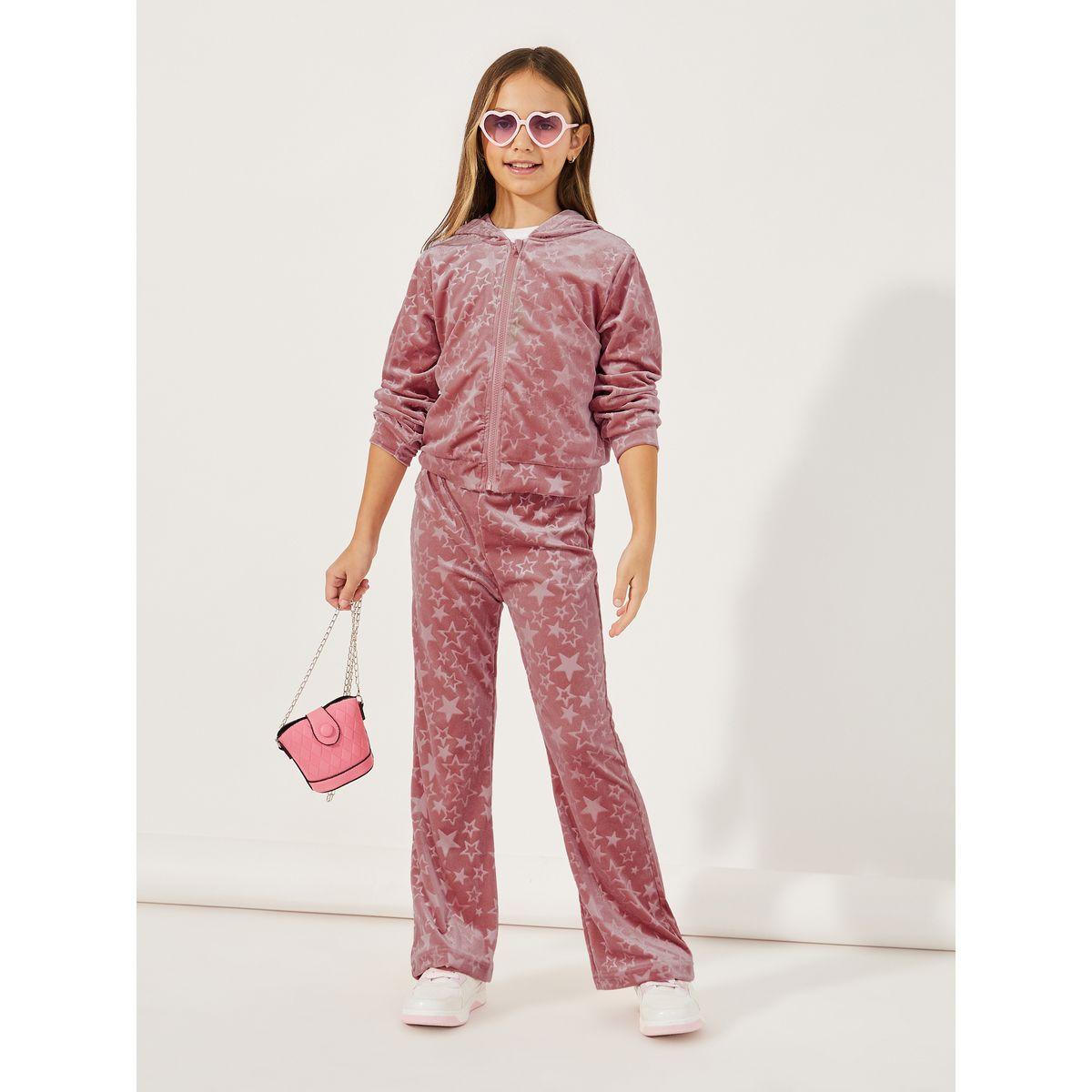 Styli Star Pattern Zipper Front Velvet Hoodie & Flare Hem Pant Set-girls-clothing-setsandcoords-image-1