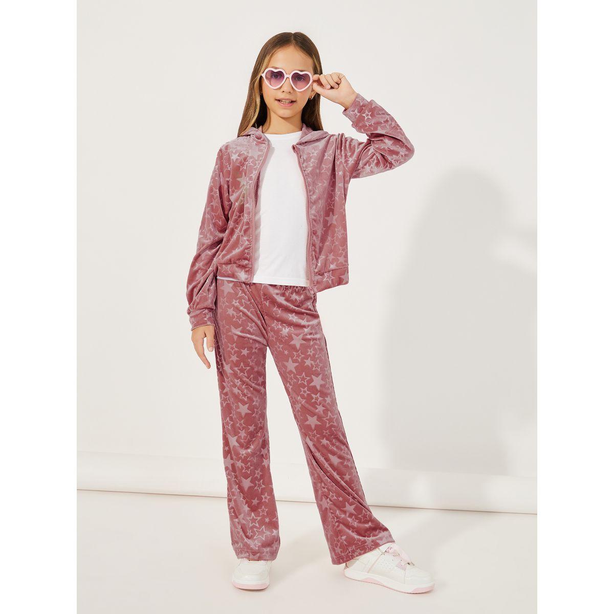 Styli Star Pattern Zipper Front Velvet Hoodie & Flare Hem Pant Set-girls-clothing-setsandcoords-image-2