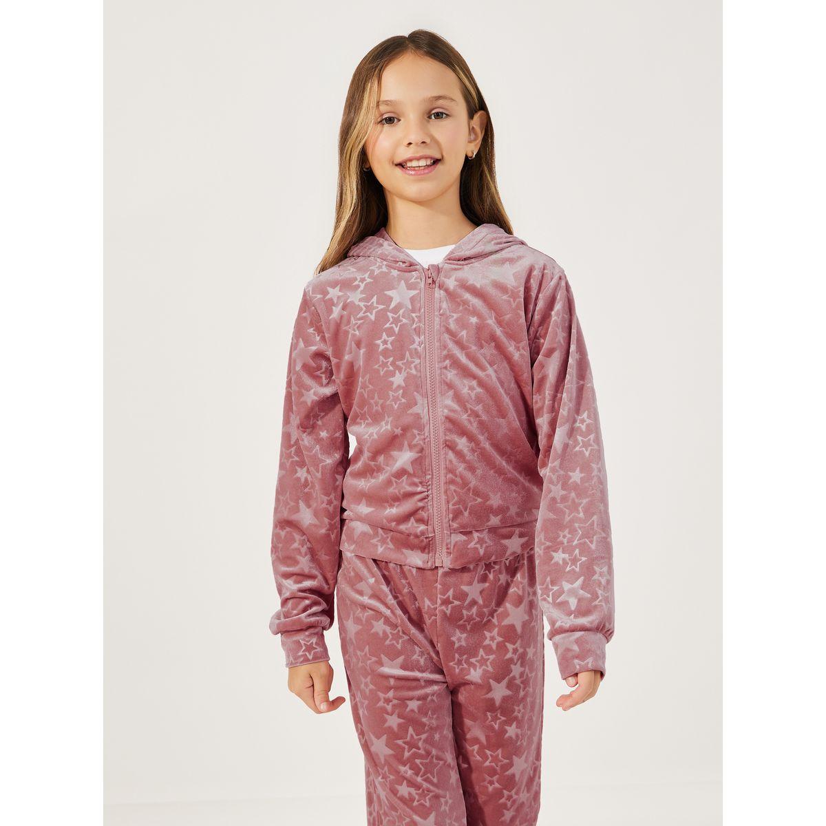Styli Star Pattern Zipper Front Velvet Hoodie & Flare Hem Pant Set-girls-clothing-setsandcoords-image-3