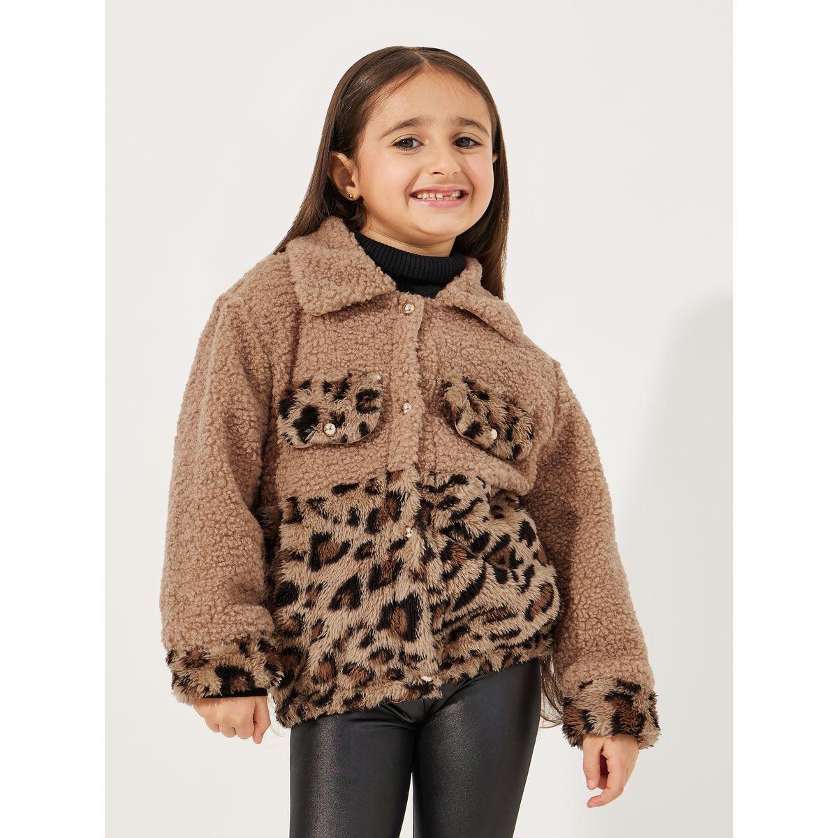 Styli Leopard Print Lined Fleece Coat-girls-clothing-jacketsandcoats-image-1