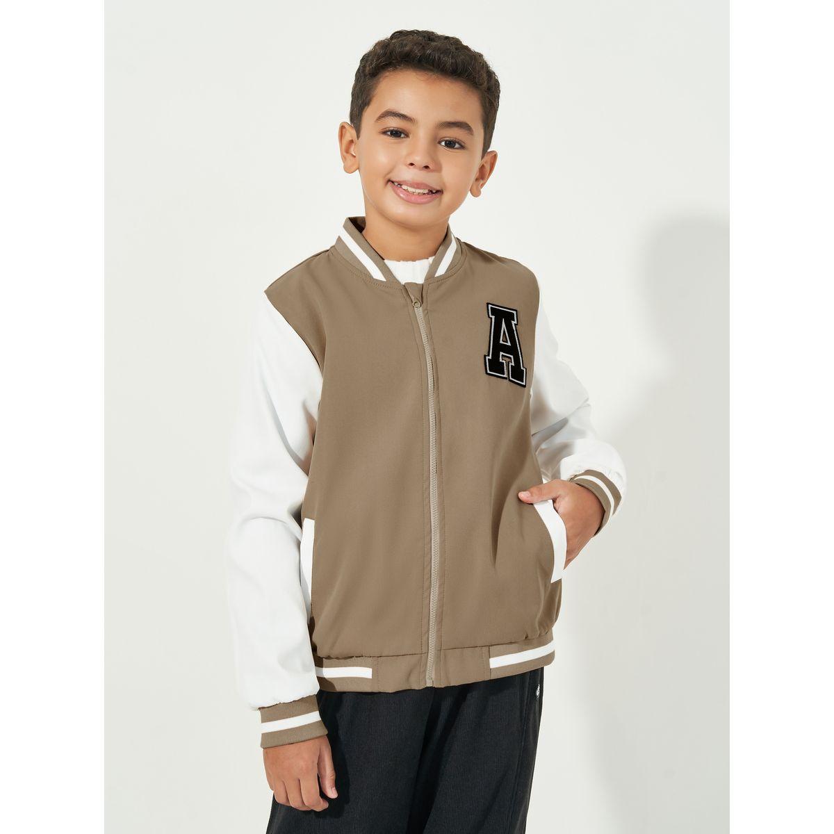 Styli Patch Work Detail Contrast Sleeves Striped Trim Varsity Jacket-boys-clothing-jacketsandcoats-image-1
