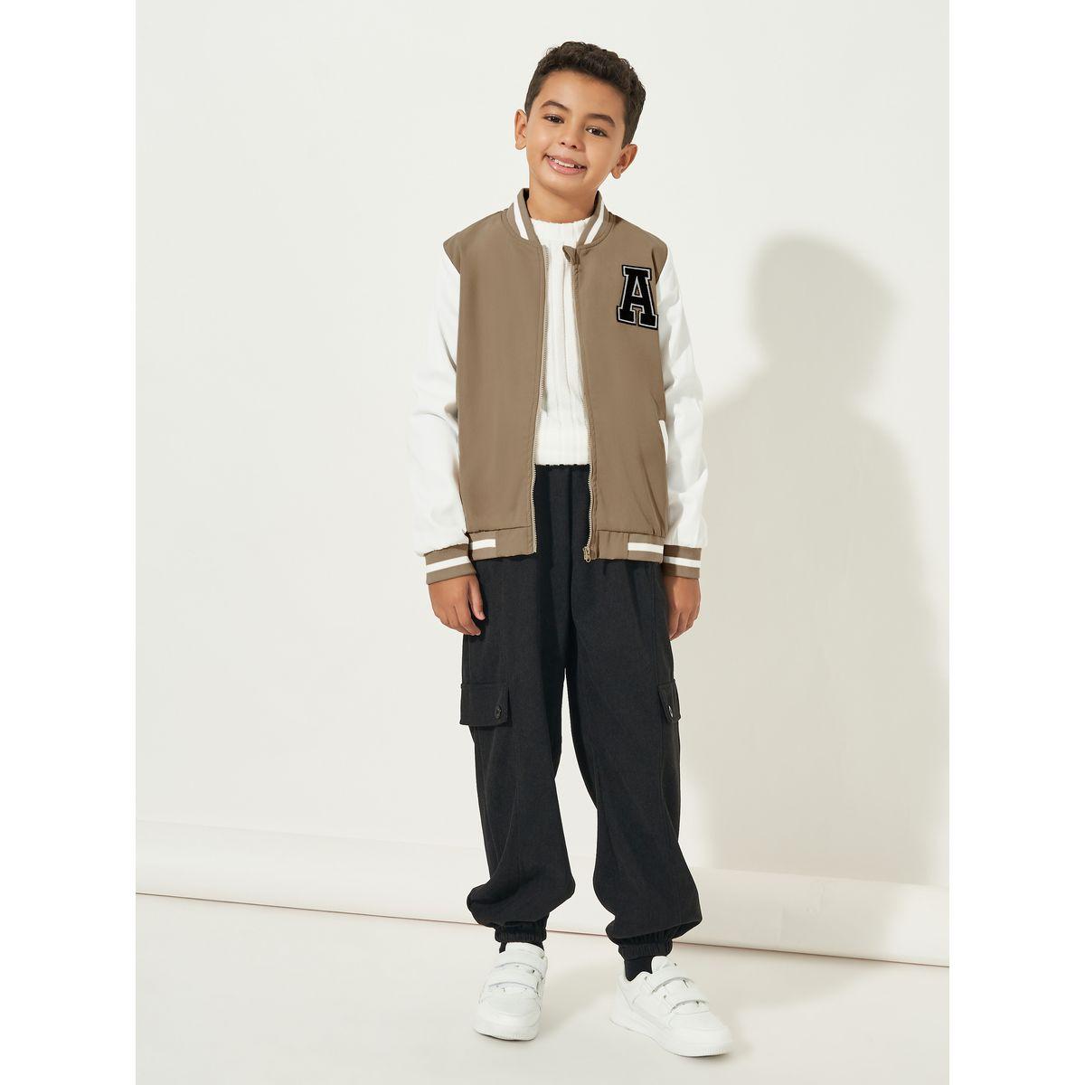 Styli Patch Work Detail Contrast Sleeves Striped Trim Varsity Jacket-boys-clothing-jacketsandcoats-image-2