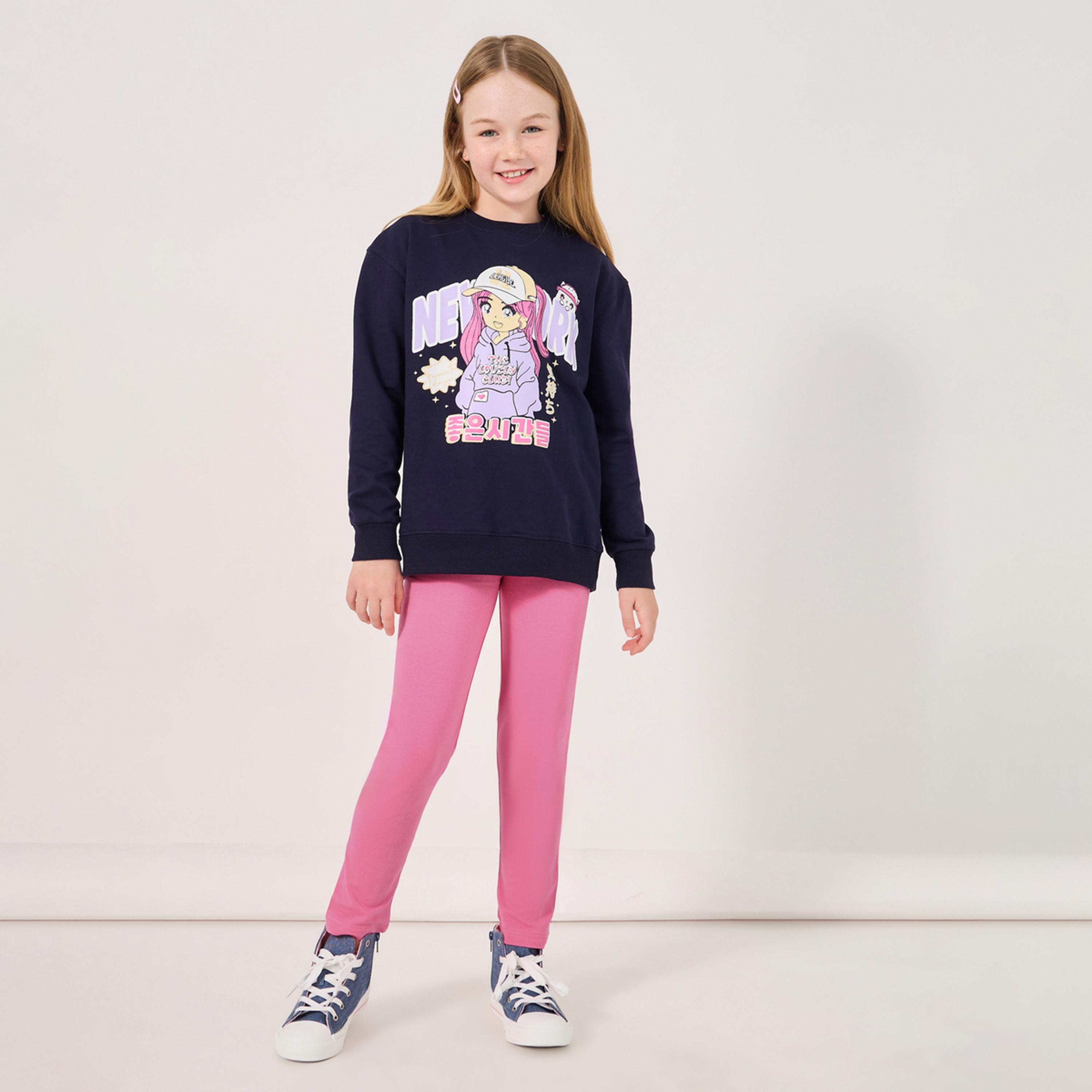 Styli Solid Leggings with Elastic Waistband-girls-clothing-bottoms-leggings-image-2