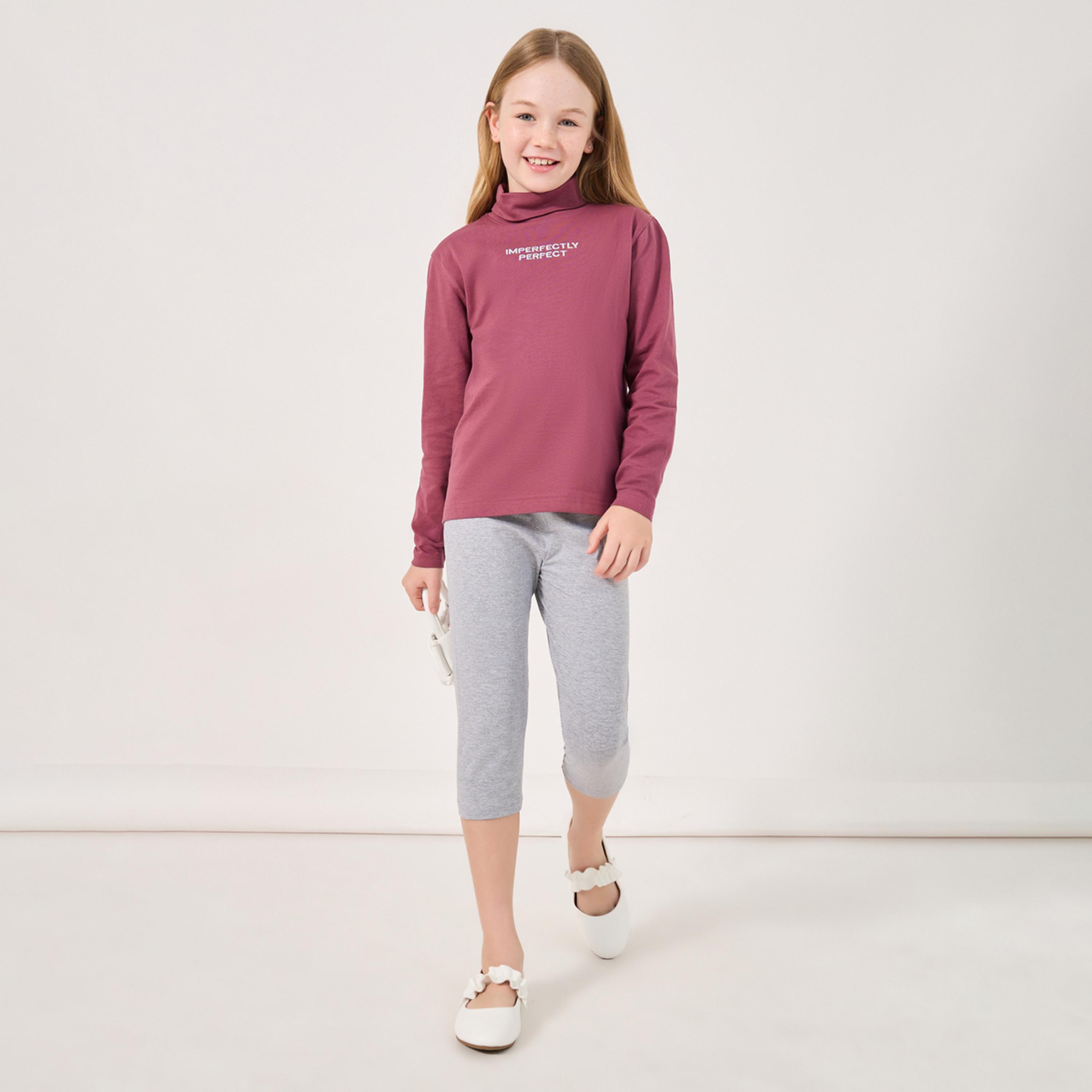Styli Solid Capri Leggings with Elastic Waistband-girls-clothing-bottoms-leggings-image-2