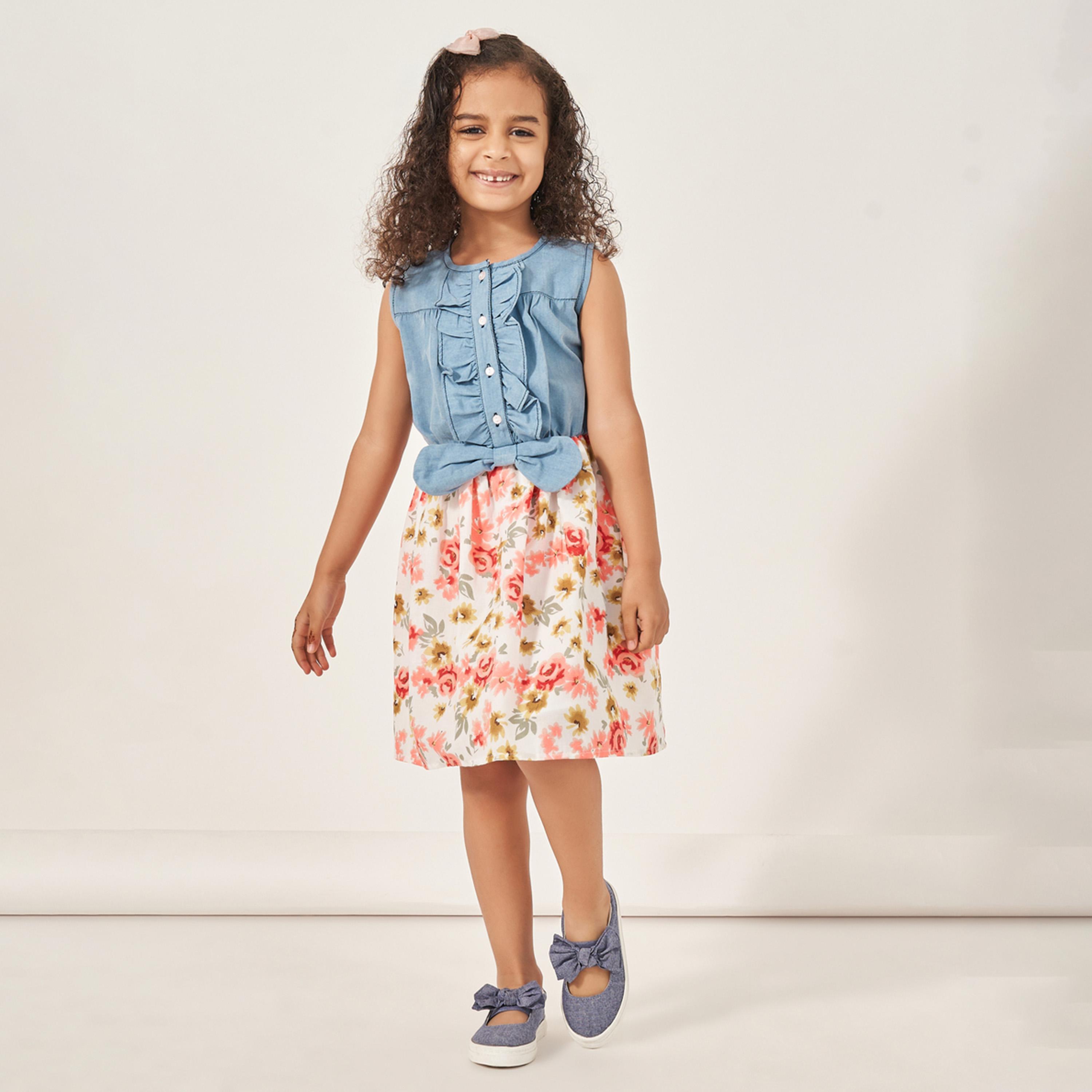 ستايلي - فستان متنوع المواد بحواف مكشكشة وقصة A-girls-clothing-dressesandjumpsuits-image-1