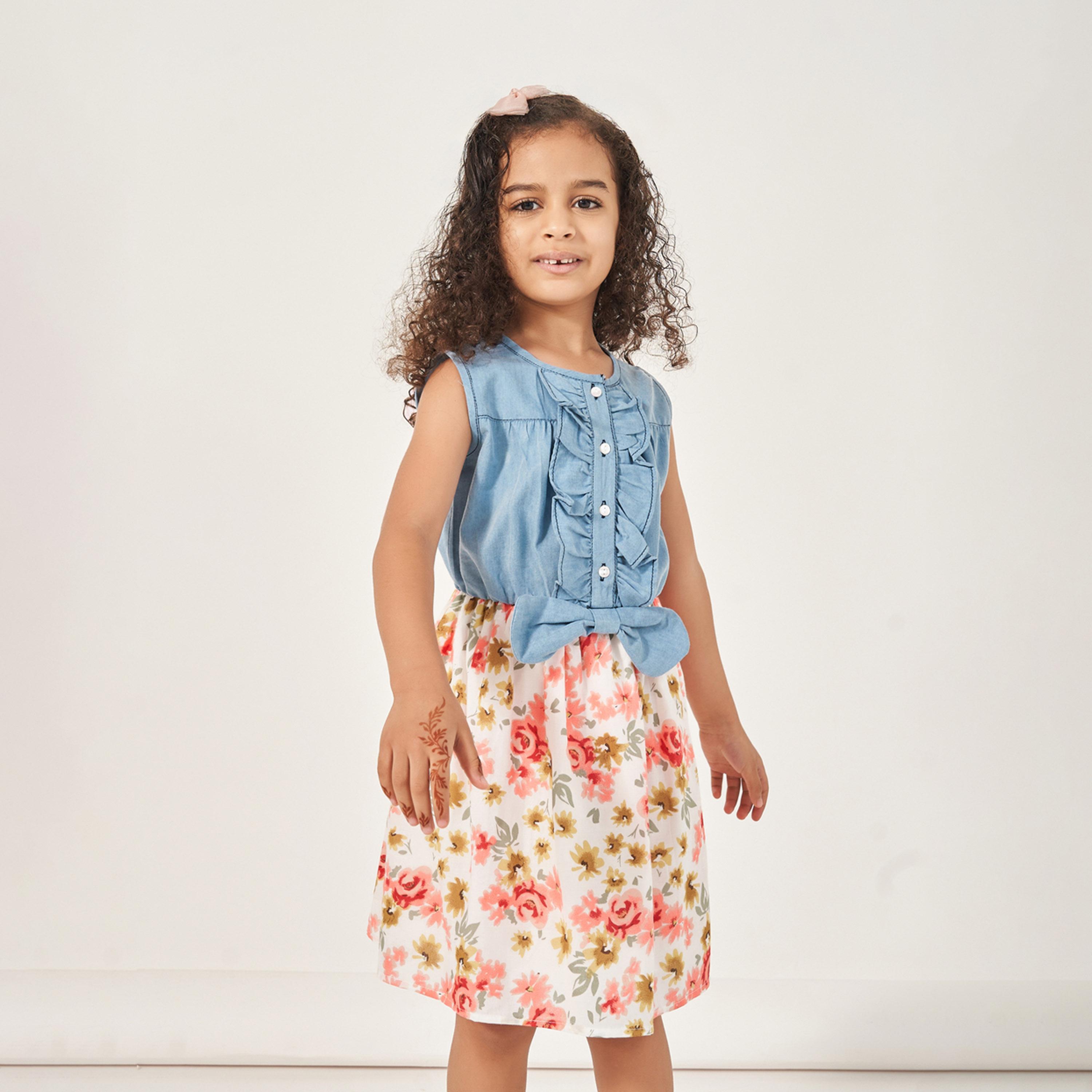 Styli Mix Media Ruffle Trim A-Line Dress-girls-clothing-dressesandjumpsuits-image-3