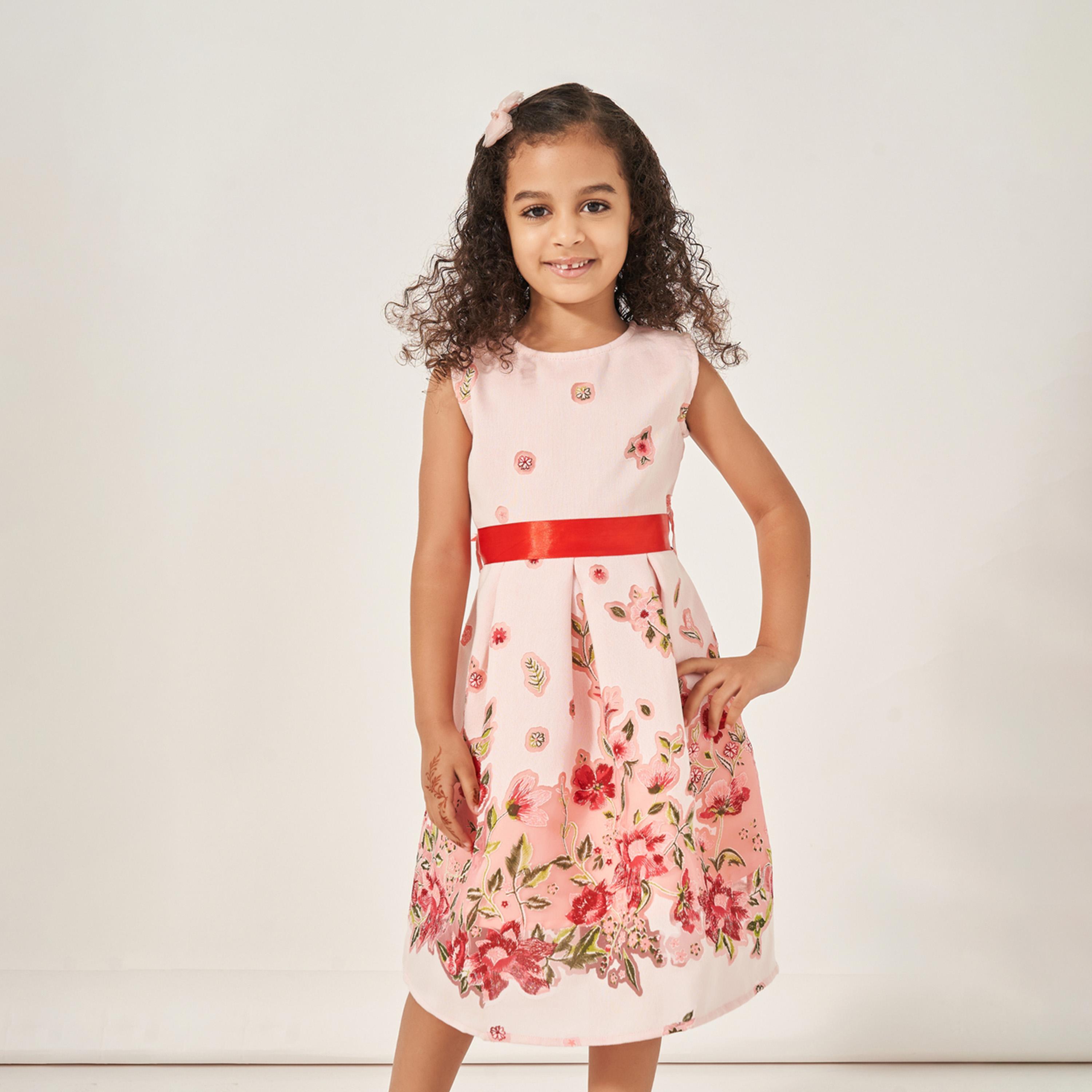 Styli Floral Jacquard Pleated Dress with Tie-Up Belt Detail-girls-clothing-dressesandjumpsuits-image-1