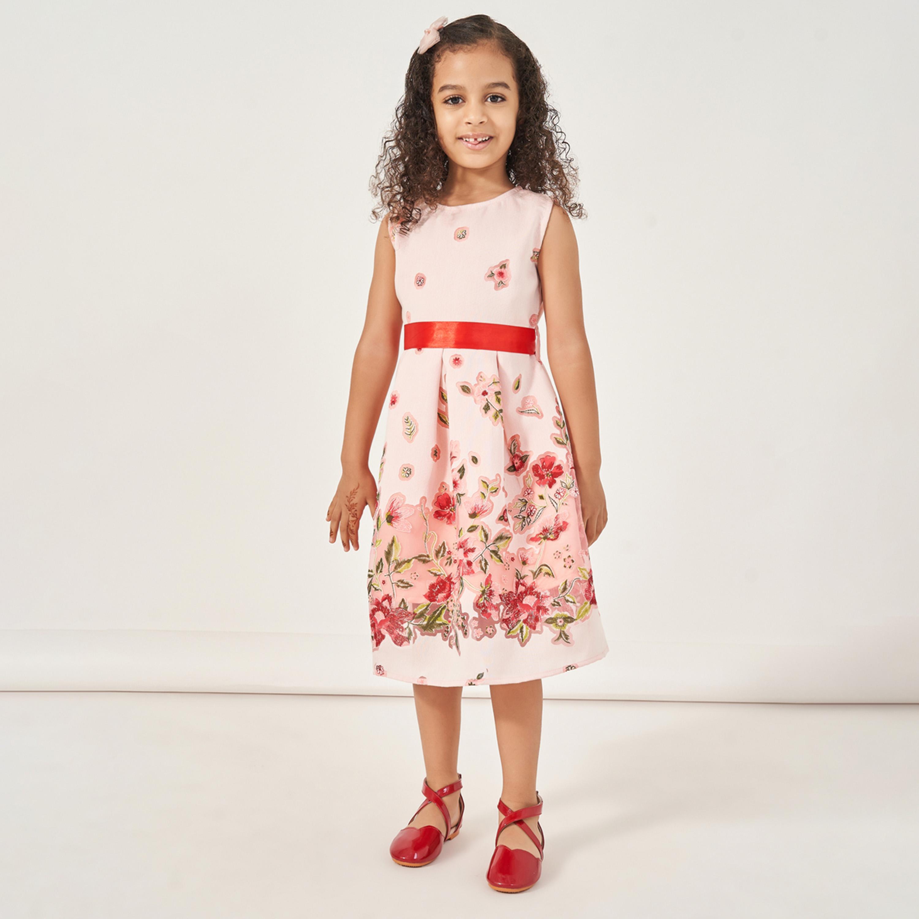 Styli Floral Jacquard Pleated Dress with Tie-Up Belt Detail-girls-clothing-dressesandjumpsuits-image-2