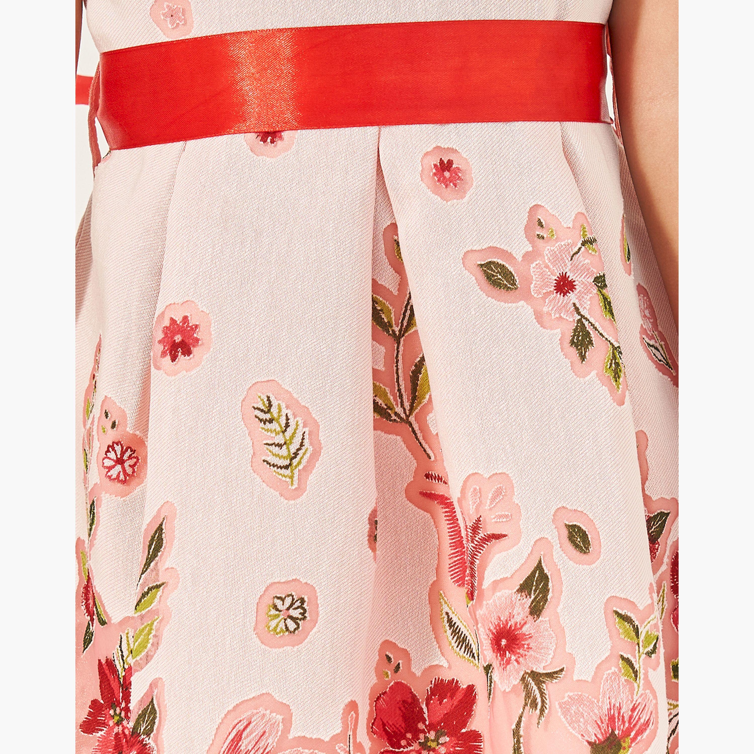 Styli Floral Jacquard Pleated Dress with Tie-Up Belt Detail-girls-clothing-dressesandjumpsuits-image-3
