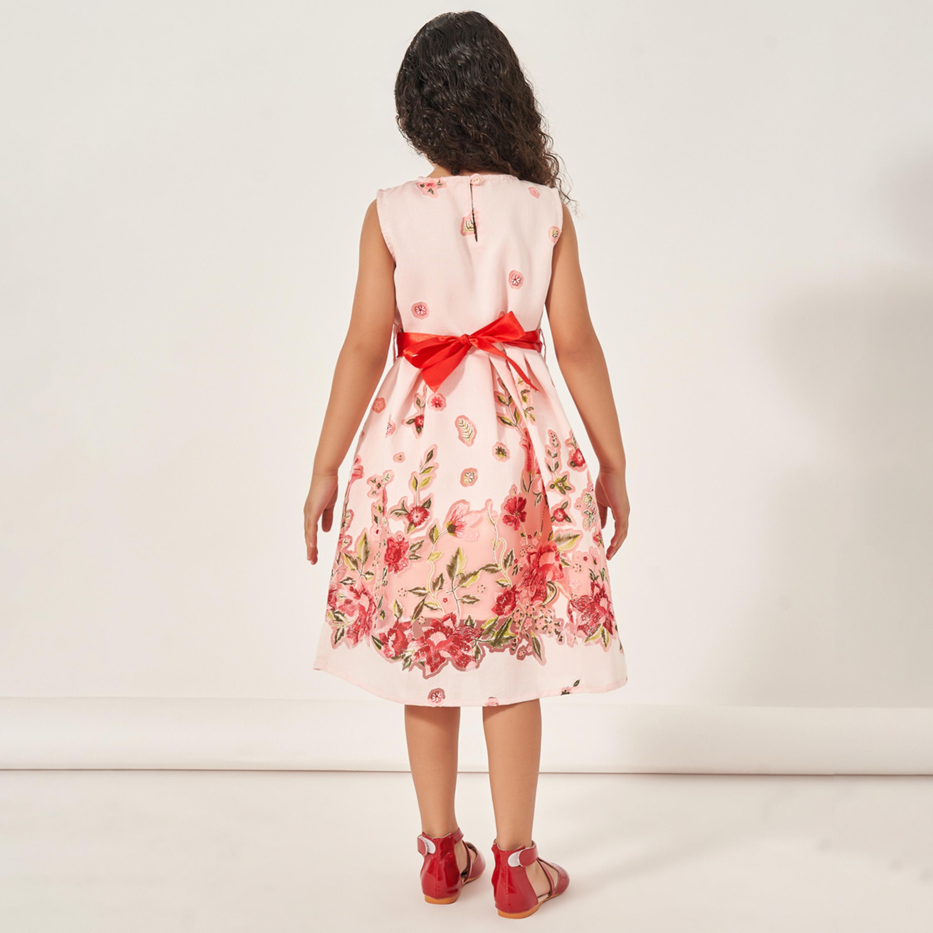 Styli Floral Jacquard Pleated Dress with Tie-Up Belt Detail-girls-clothing-dressesandjumpsuits-image-4