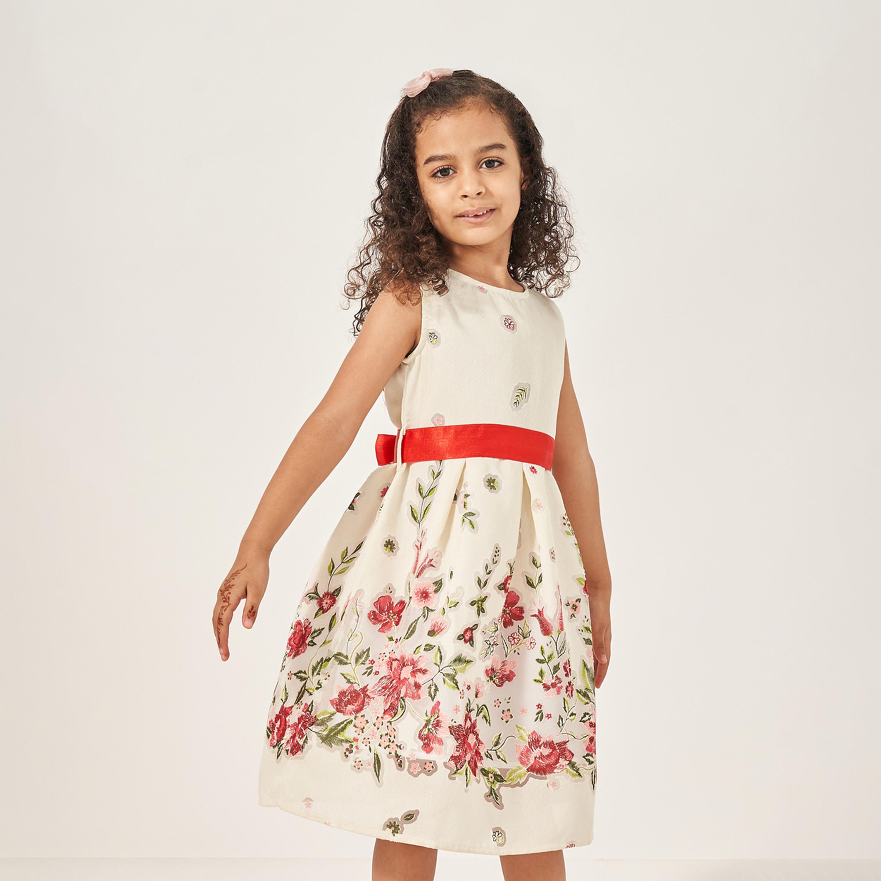 Styli Floral Pattern Jacquard Dress with Tie Belt-girls-clothing-dressesandjumpsuits-image-1