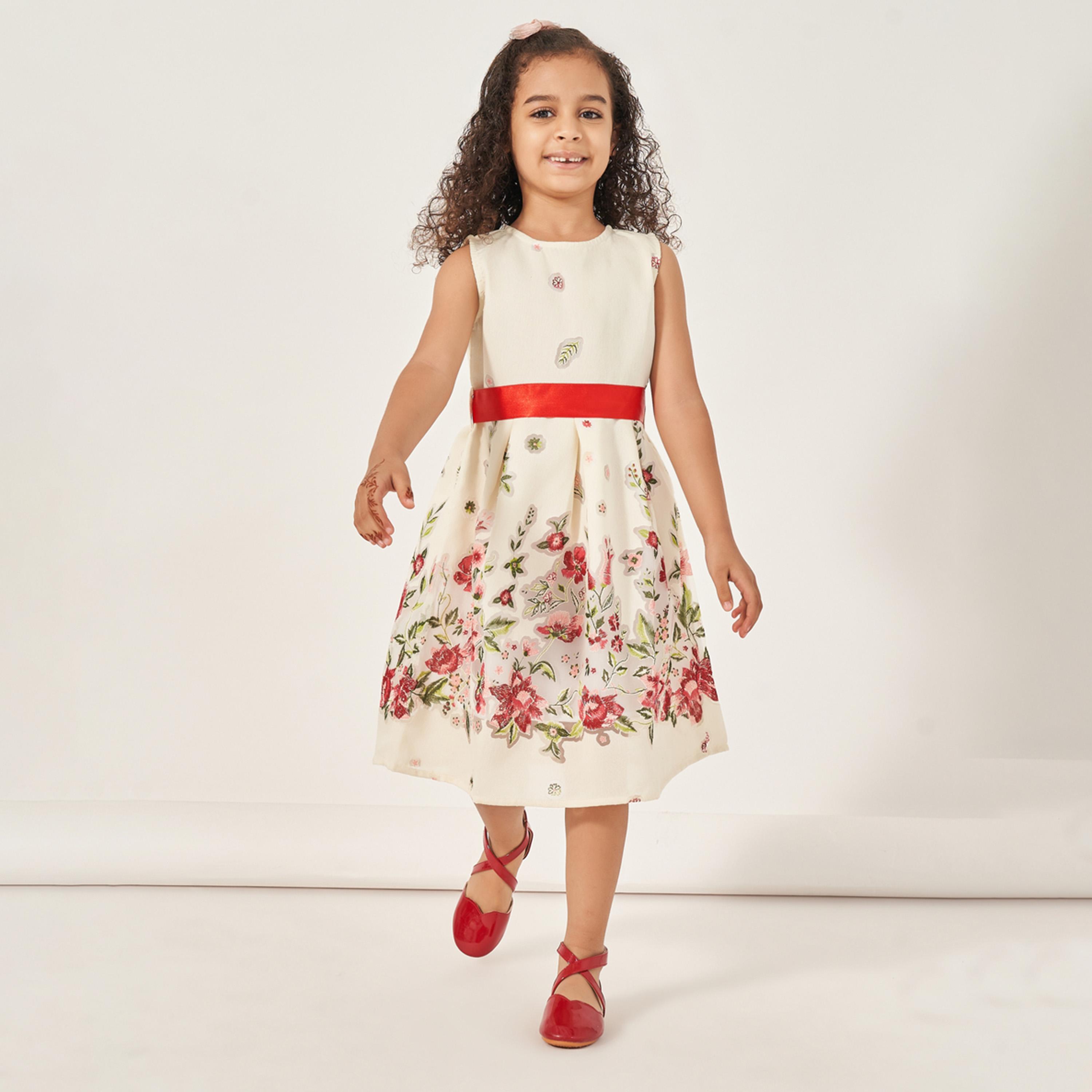 ستايلي - فستان جاكار بنمط زهور مع حزام للربط-girls-clothing-dressesandjumpsuits-image-2