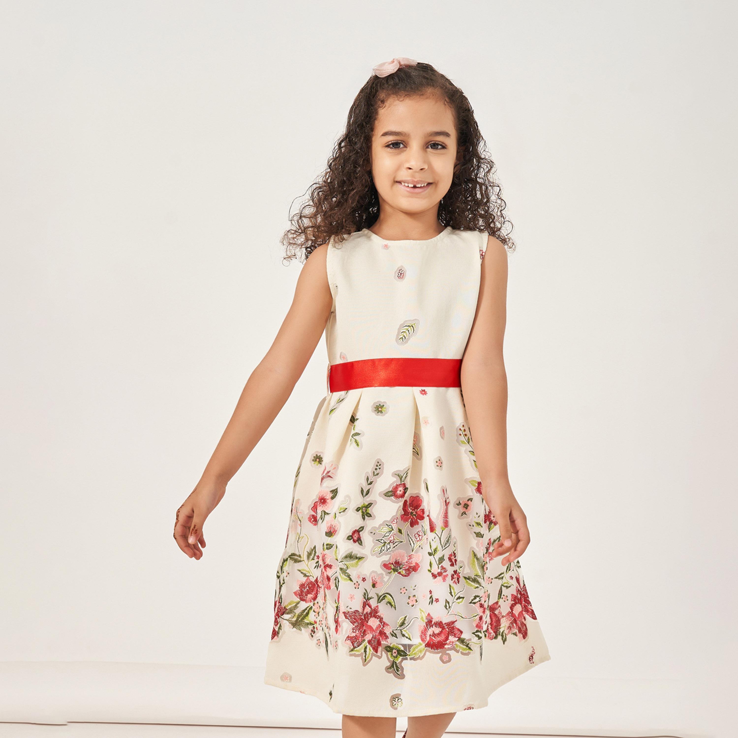 Styli Floral Pattern Jacquard Dress with Tie Belt-girls-clothing-dressesandjumpsuits-image-3