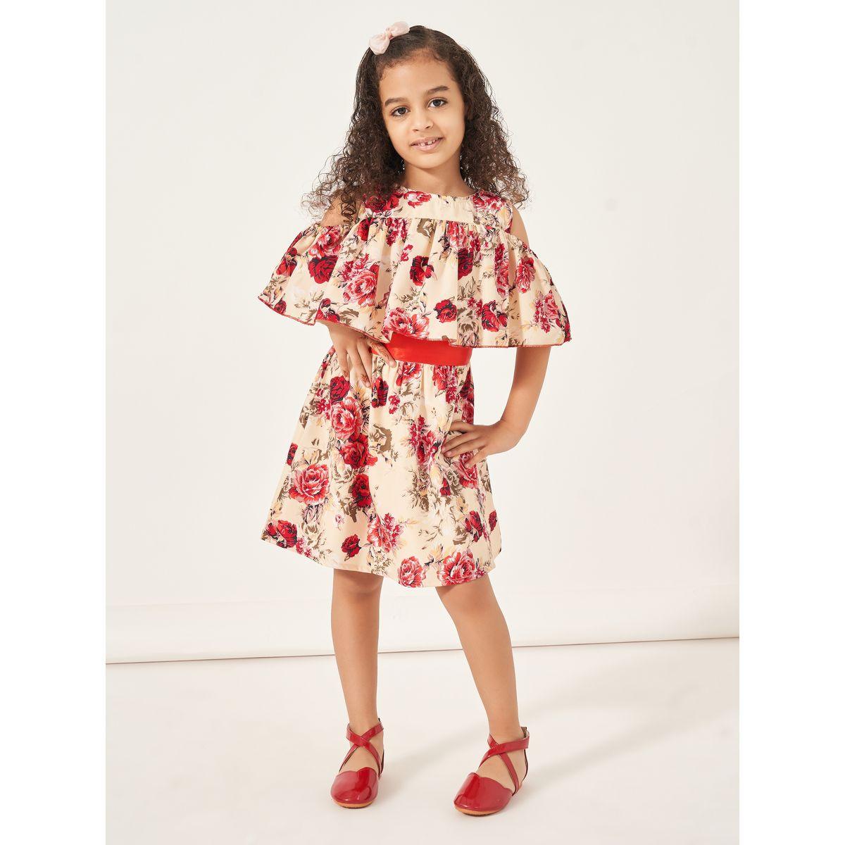 فستان مطبع بالكامل مع أكمام كيب ورباط خصر-girls-clothing-dressesandjumpsuits-image-1