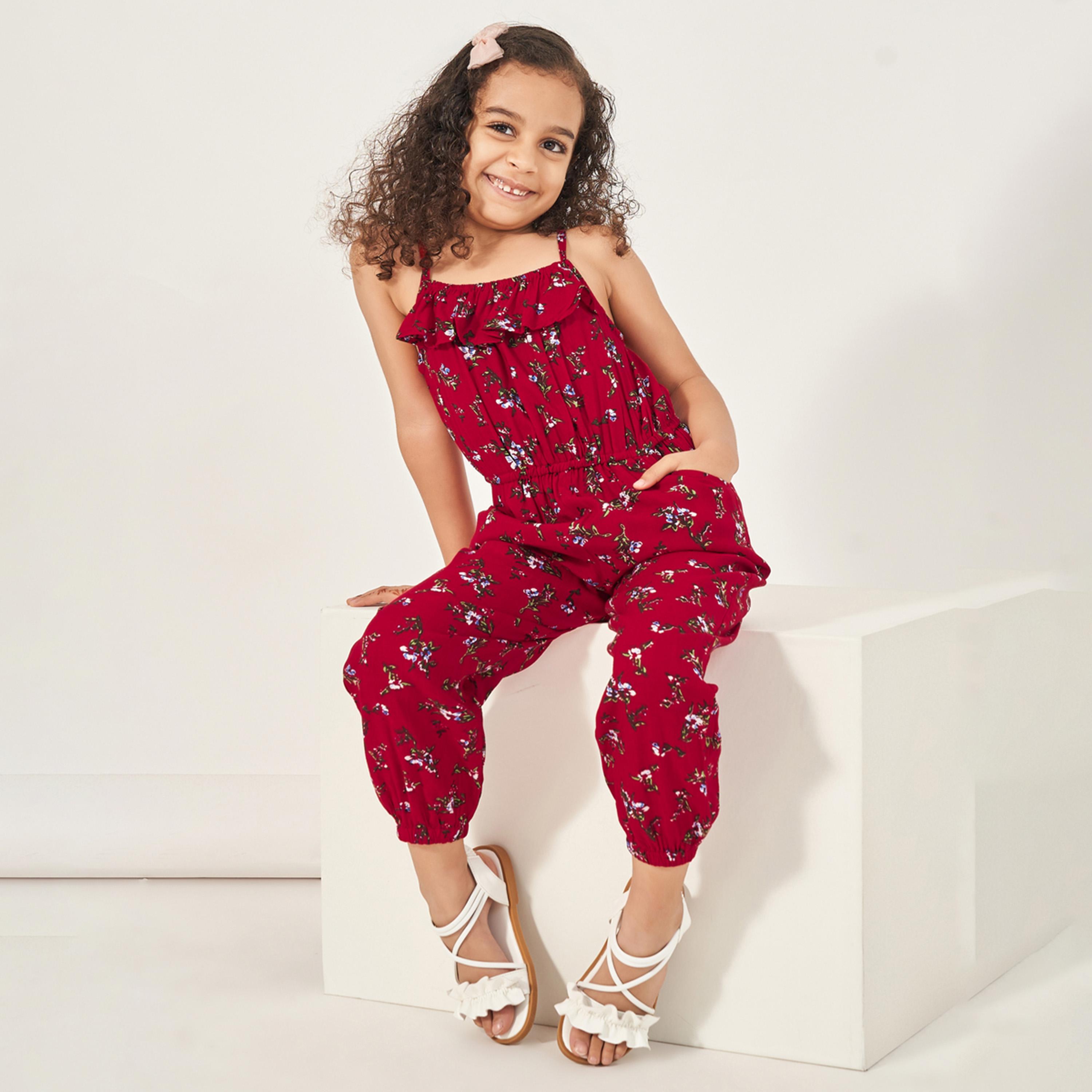 ستايلي - جمبسوت بطبعات كاملة وحزام خصر مكشكش-girls-clothing-rompers-image-1