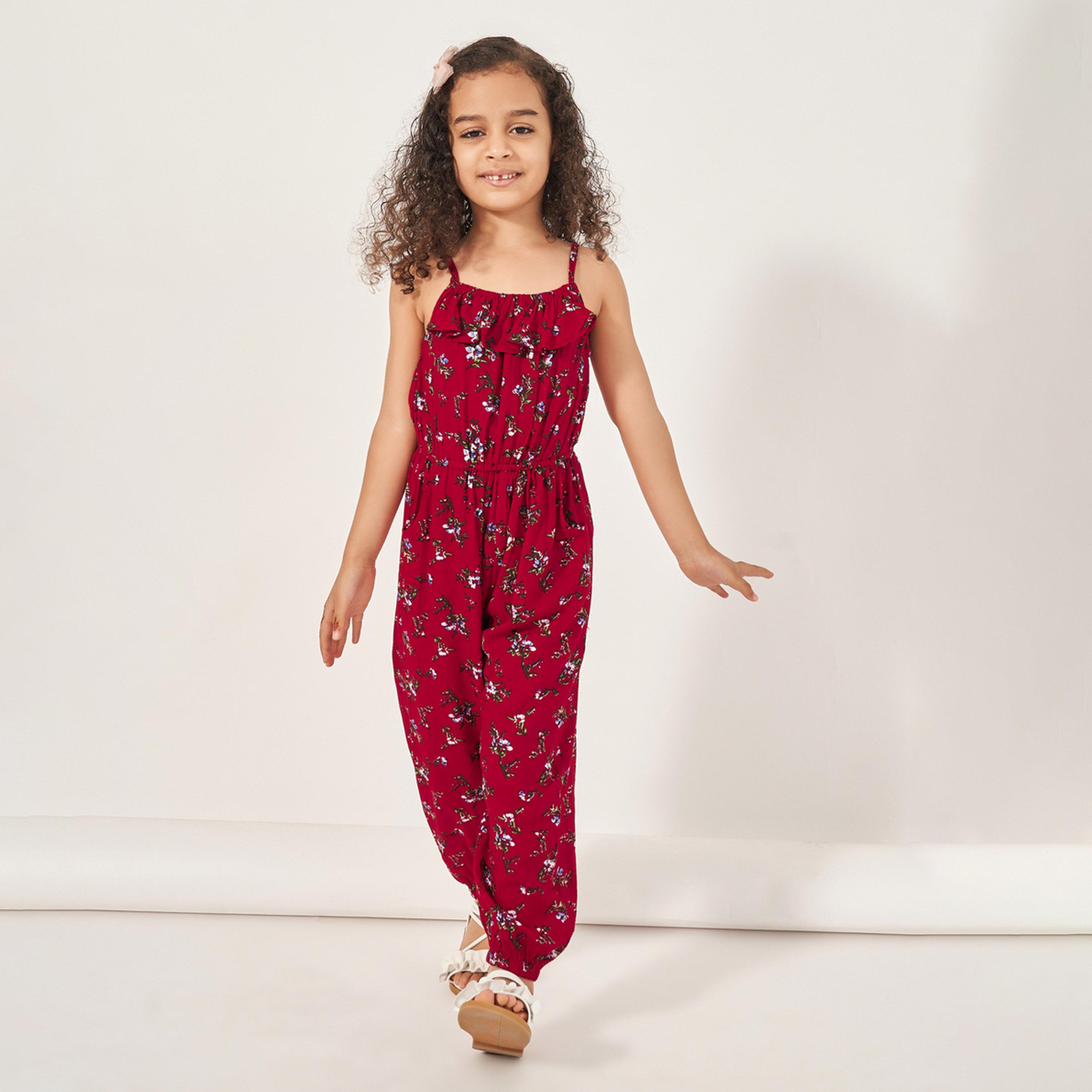 ستايلي - جمبسوت بطبعات كاملة وحزام خصر مكشكش-girls-clothing-rompers-image-2