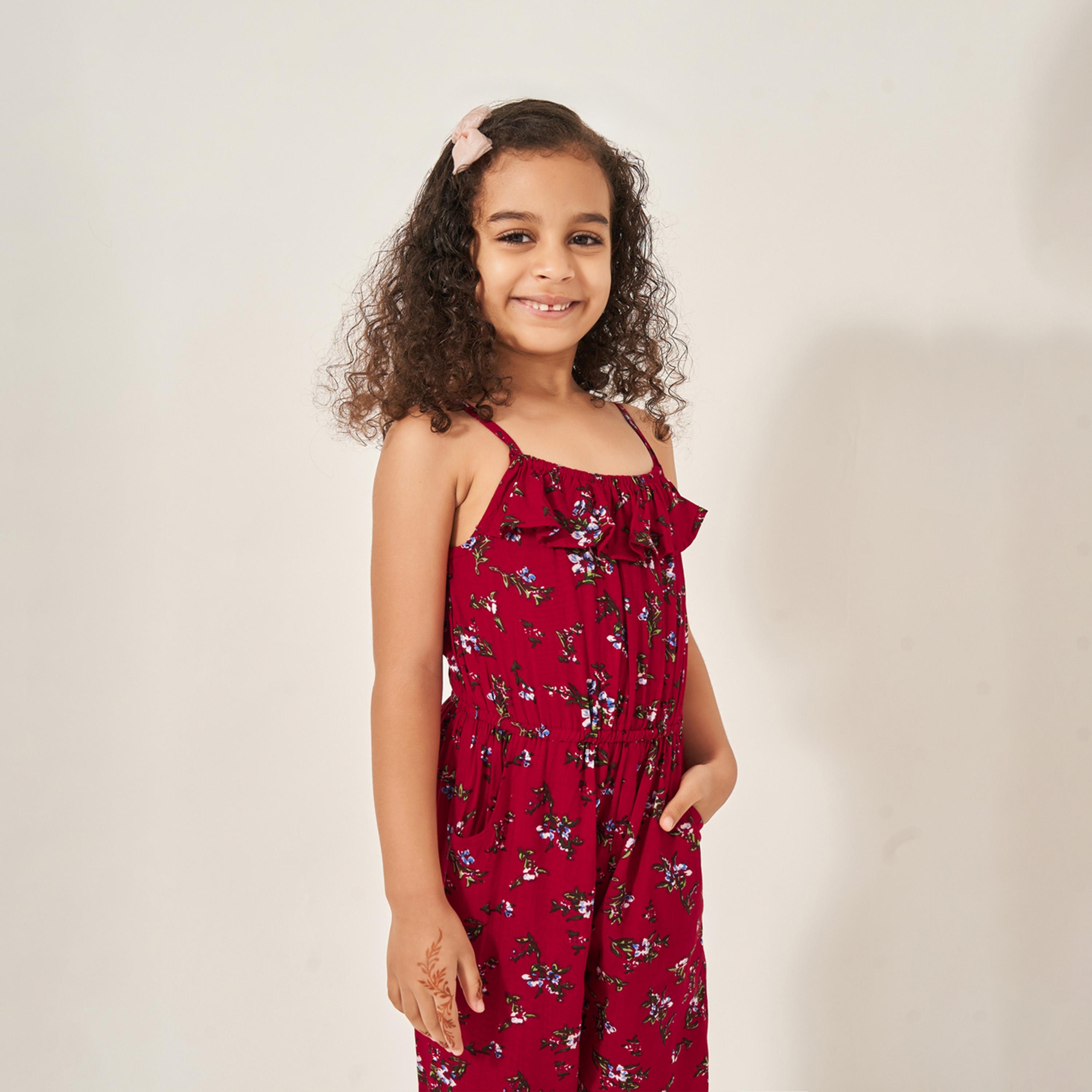 ستايلي - جمبسوت بطبعات كاملة وحزام خصر مكشكش-girls-clothing-rompers-image-3