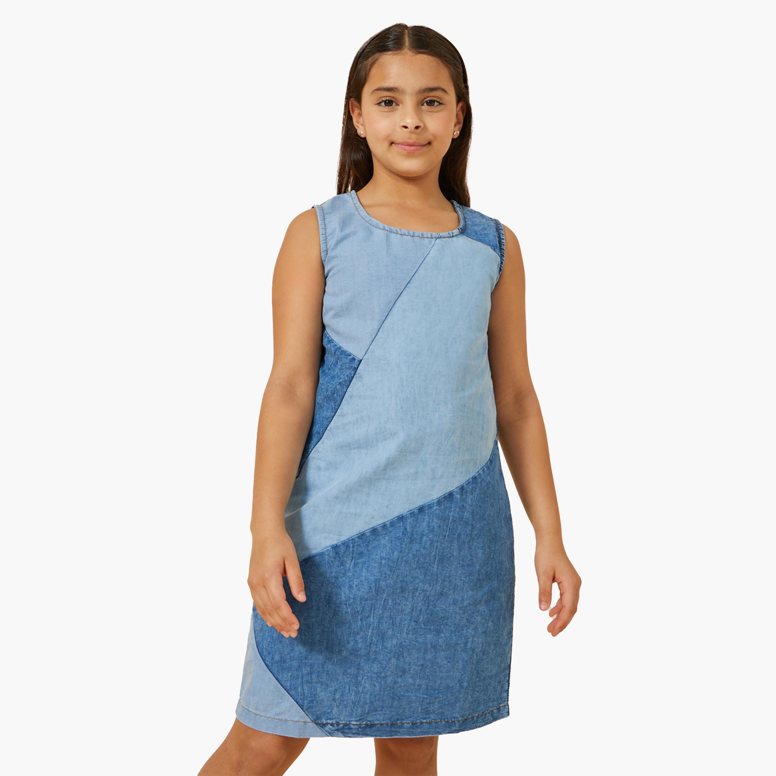 Styli Color Block Panelled Denim A-Line Dress-girls-clothing-dressesandjumpsuits-image-1