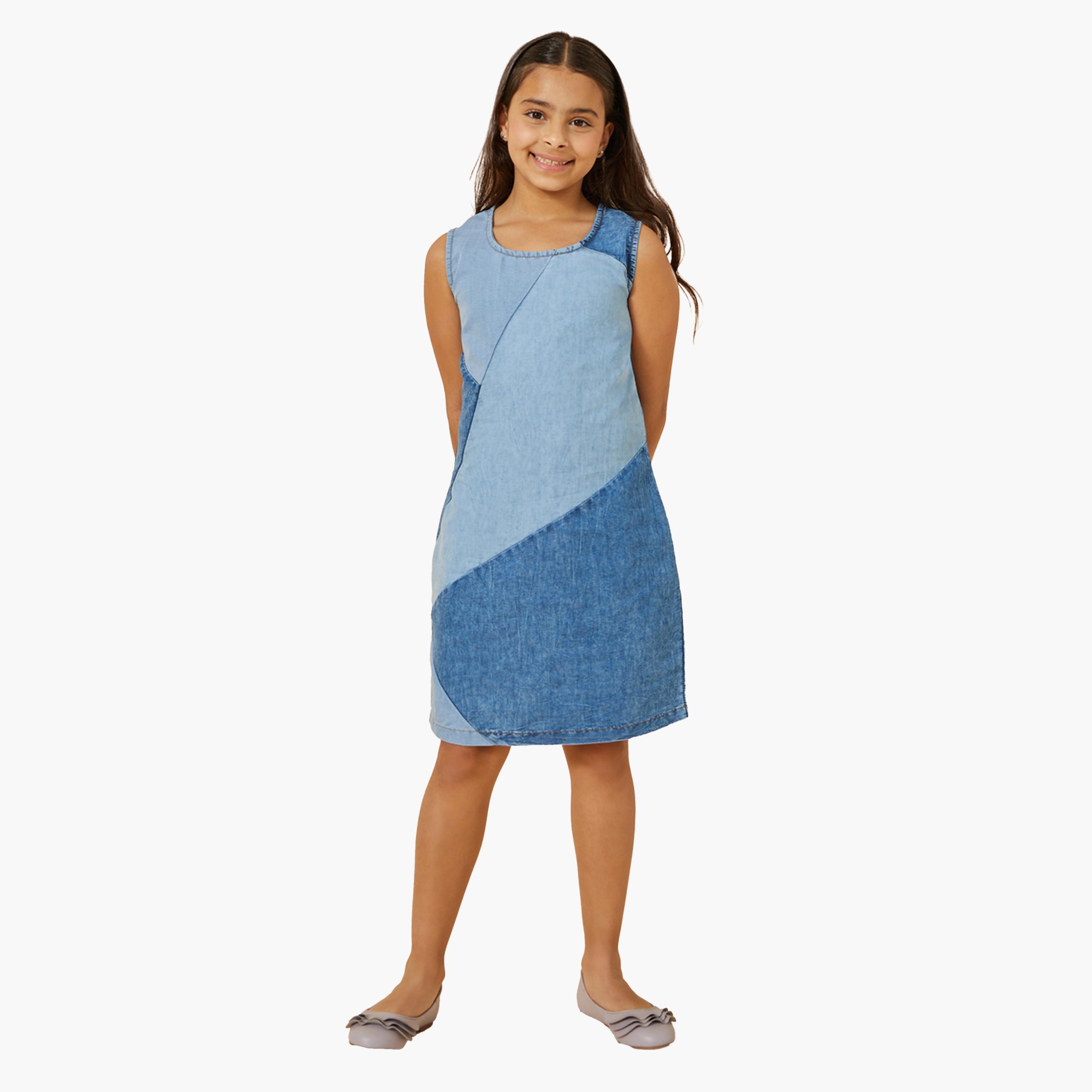 Styli Color Block Panelled Denim A-Line Dress-girls-clothing-dressesandjumpsuits-image-2