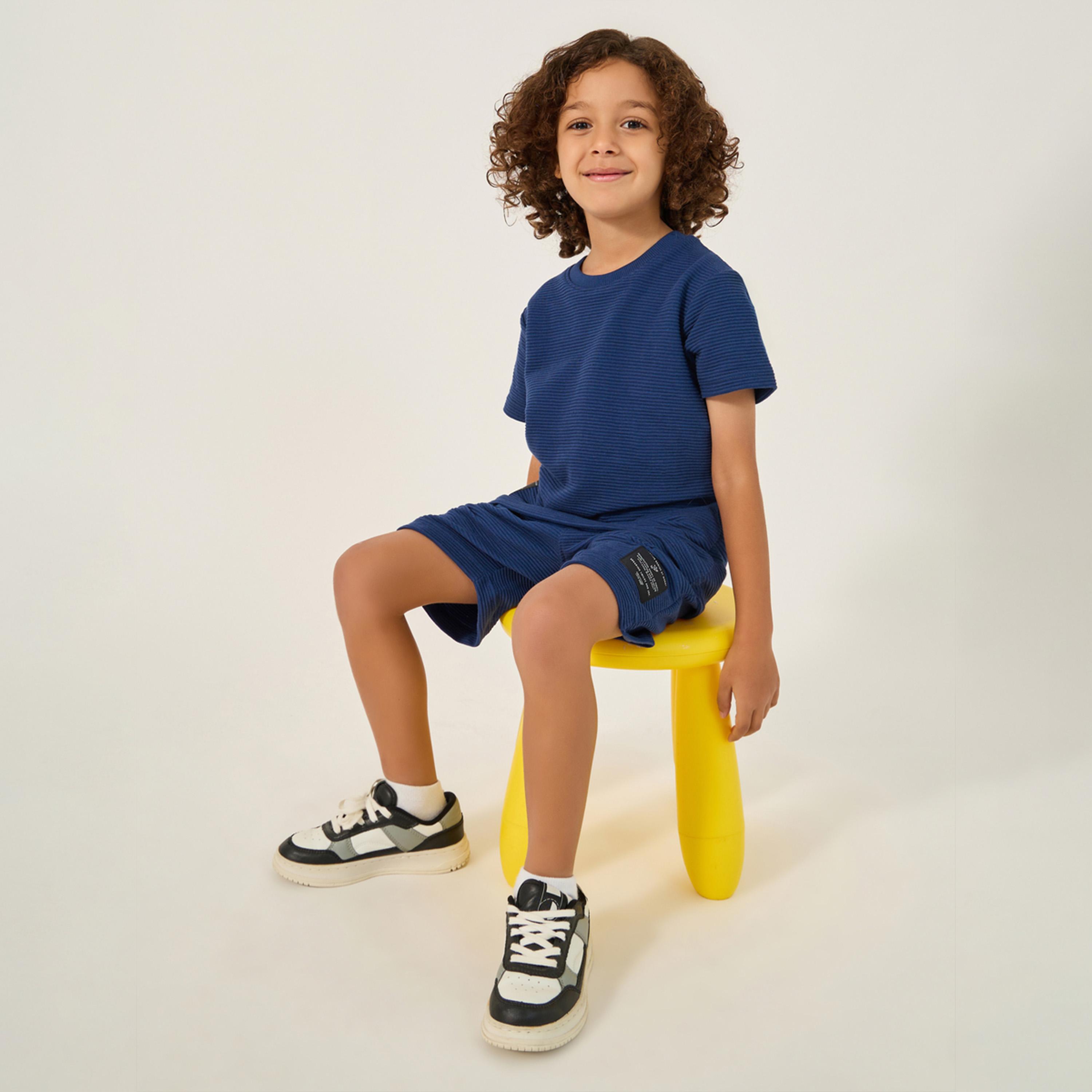 Styli Textured T-Shirt with Badge Detail and Shorts Set-girls-clothing-setsandcoords-image-1