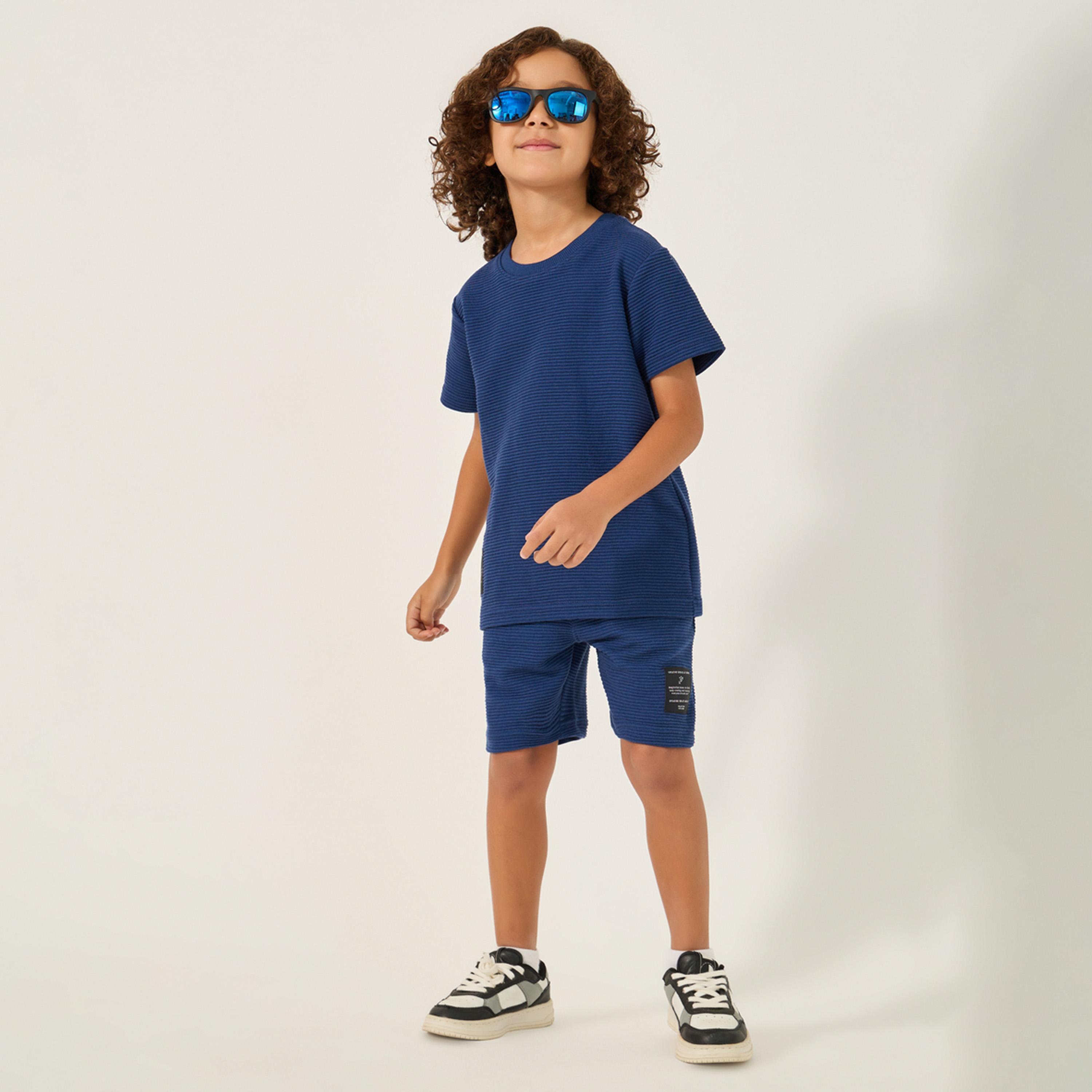 Styli Textured T-Shirt with Badge Detail and Shorts Set-girls-clothing-setsandcoords-image-2