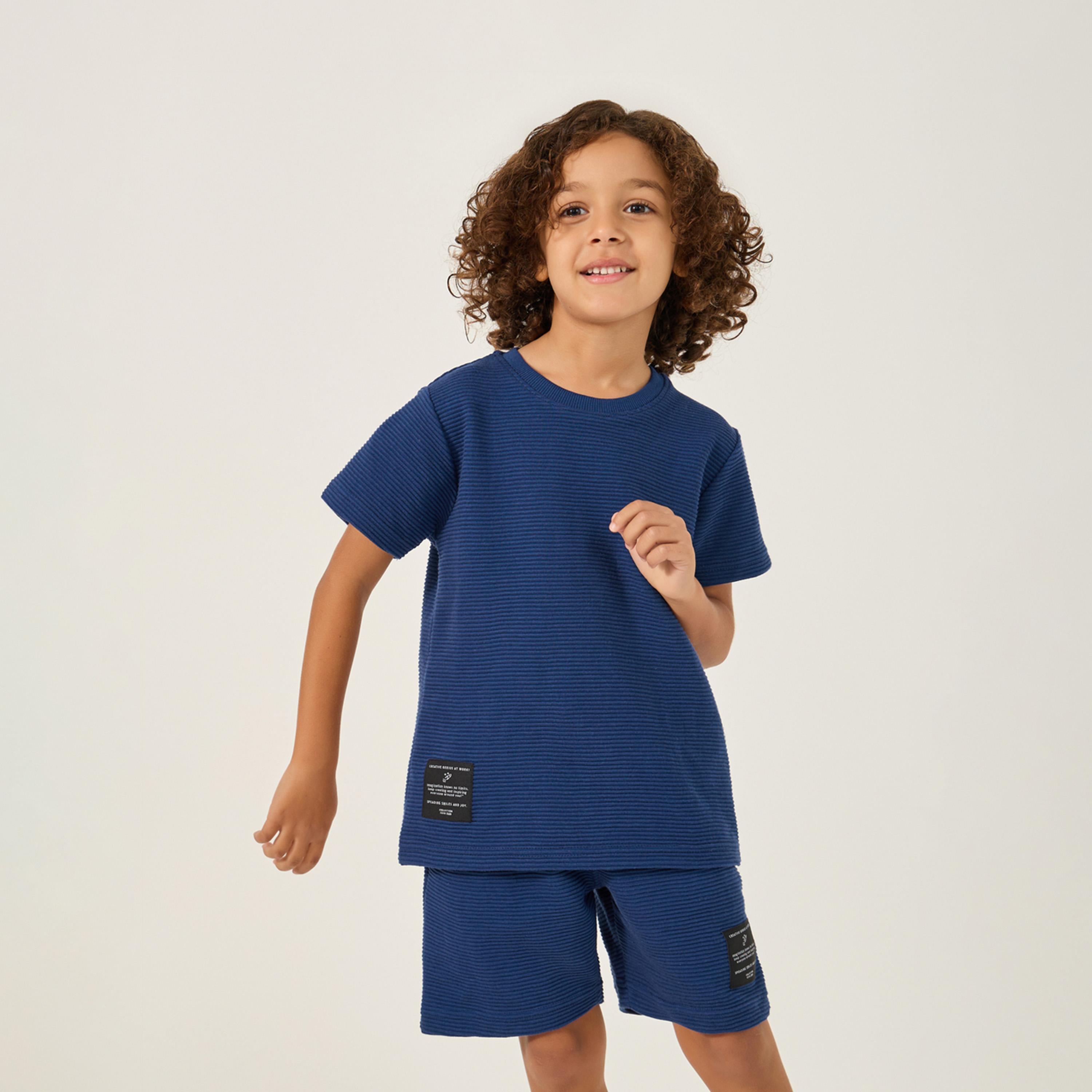 Styli Textured T-Shirt with Badge Detail and Shorts Set-girls-clothing-setsandcoords-image-3