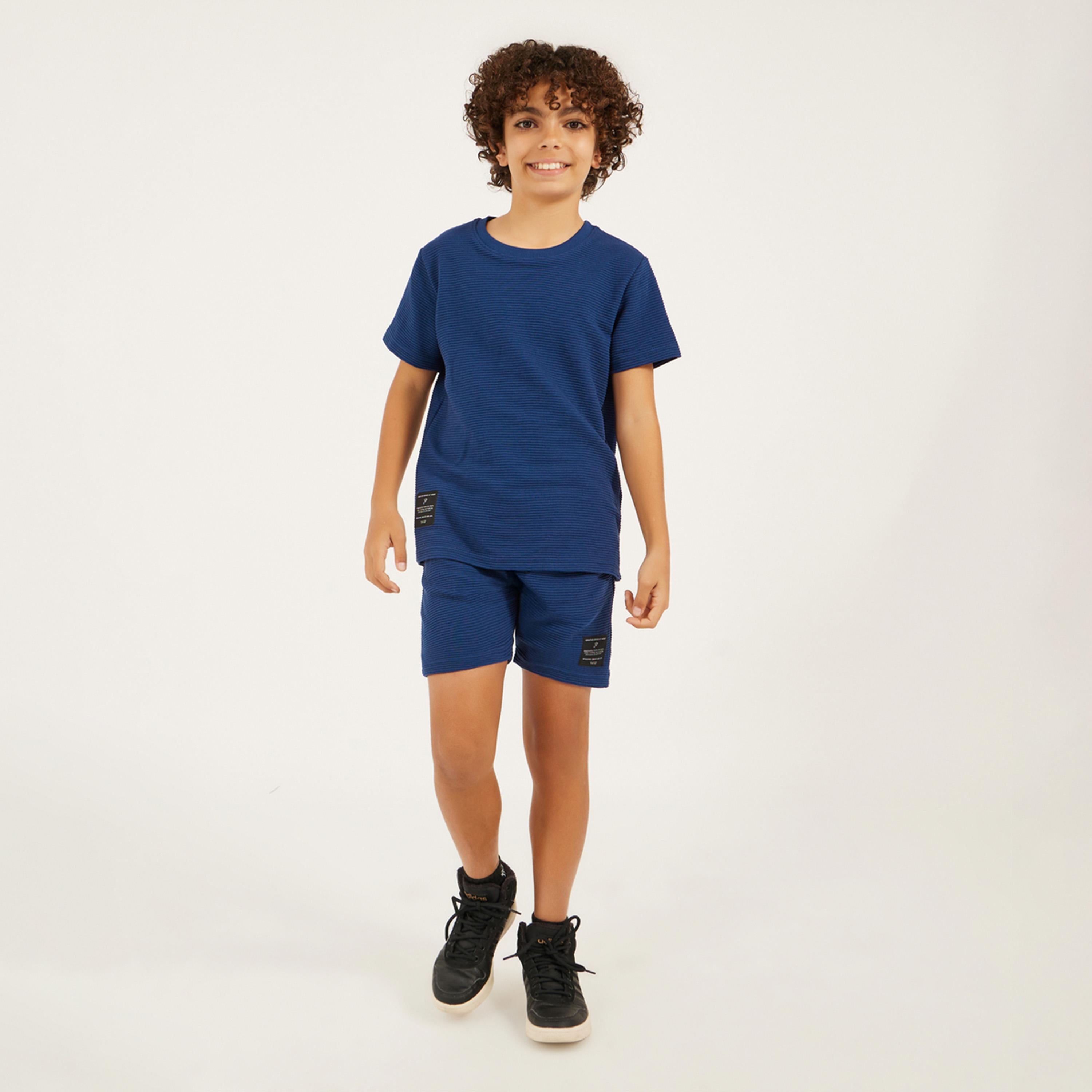 Styli Textured T-Shirt Detail and Shorts with Badge Set-boys-clothing-setsandcoords-image-1