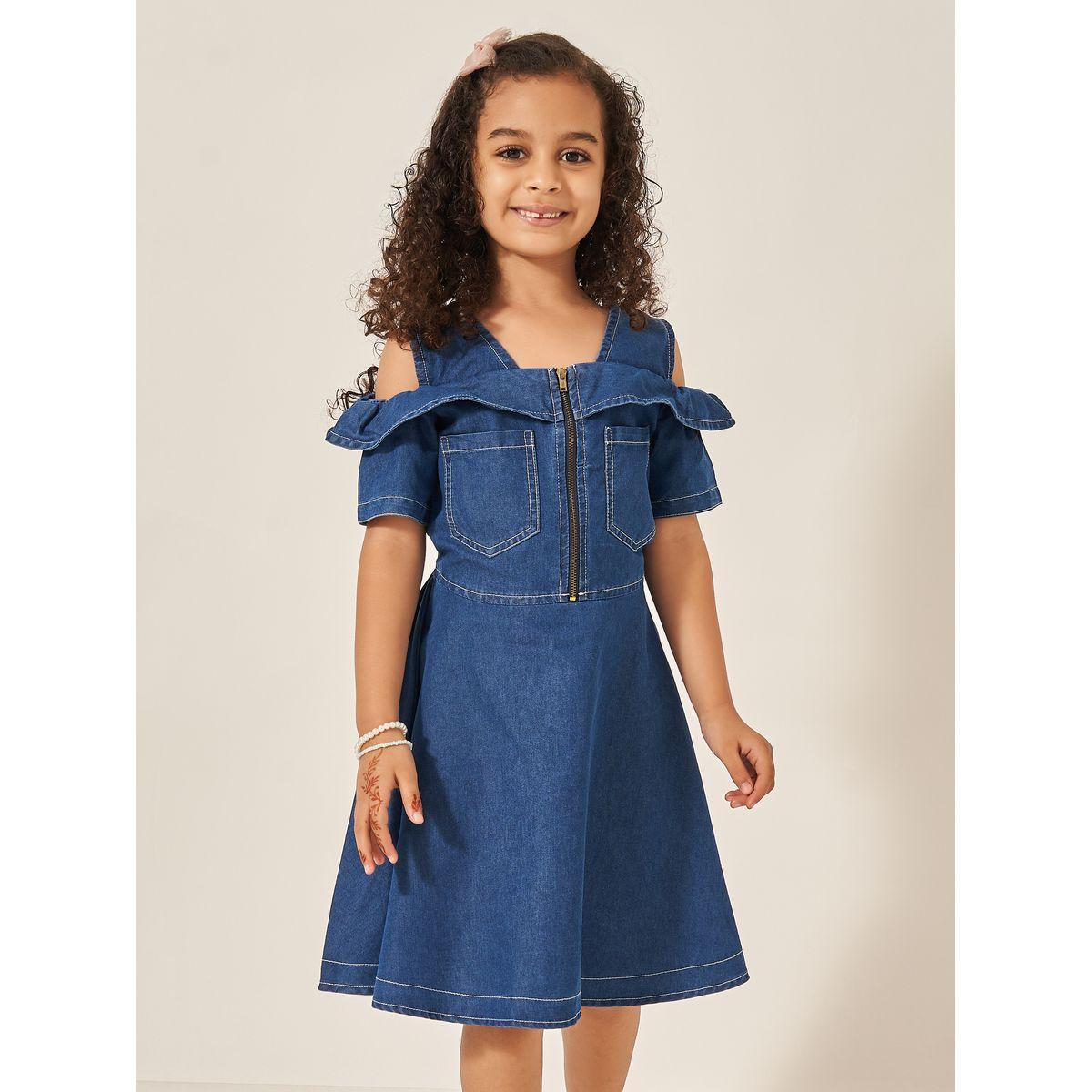 Styli Cold Shoulder Half-Zipper Knee Length Denim Dress-girls-clothing-dressesandjumpsuits-image-1