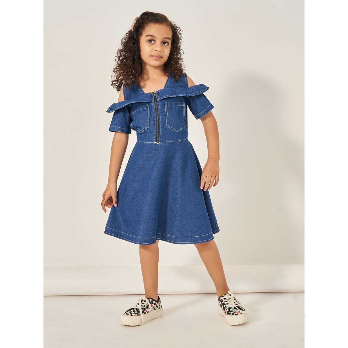 Styli Cold Shoulder Half-Zipper Knee Length Denim Dress-girls-clothing-dressesandjumpsuits-image-2