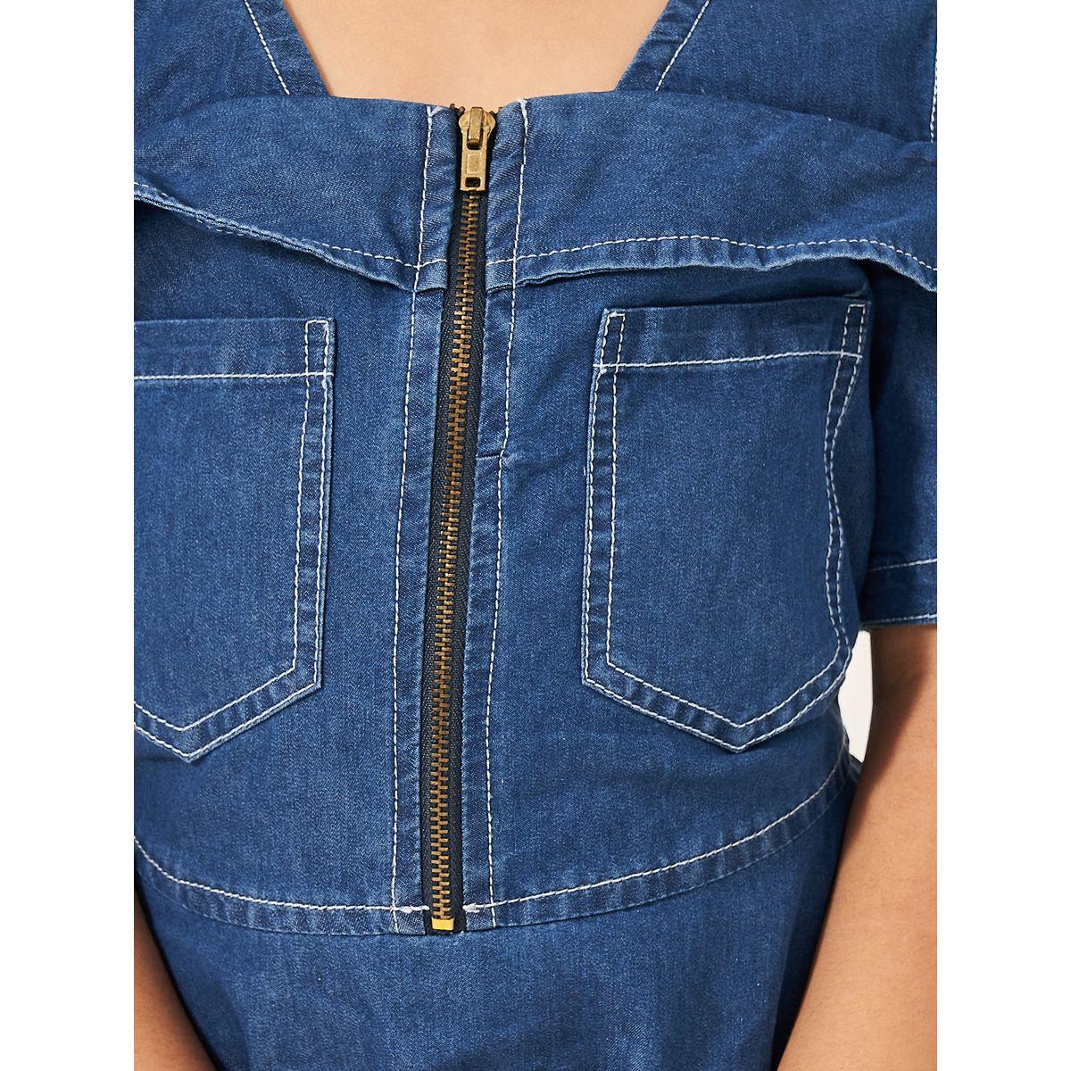Styli Cold Shoulder Half-Zipper Knee Length Denim Dress-girls-clothing-dressesandjumpsuits-image-3