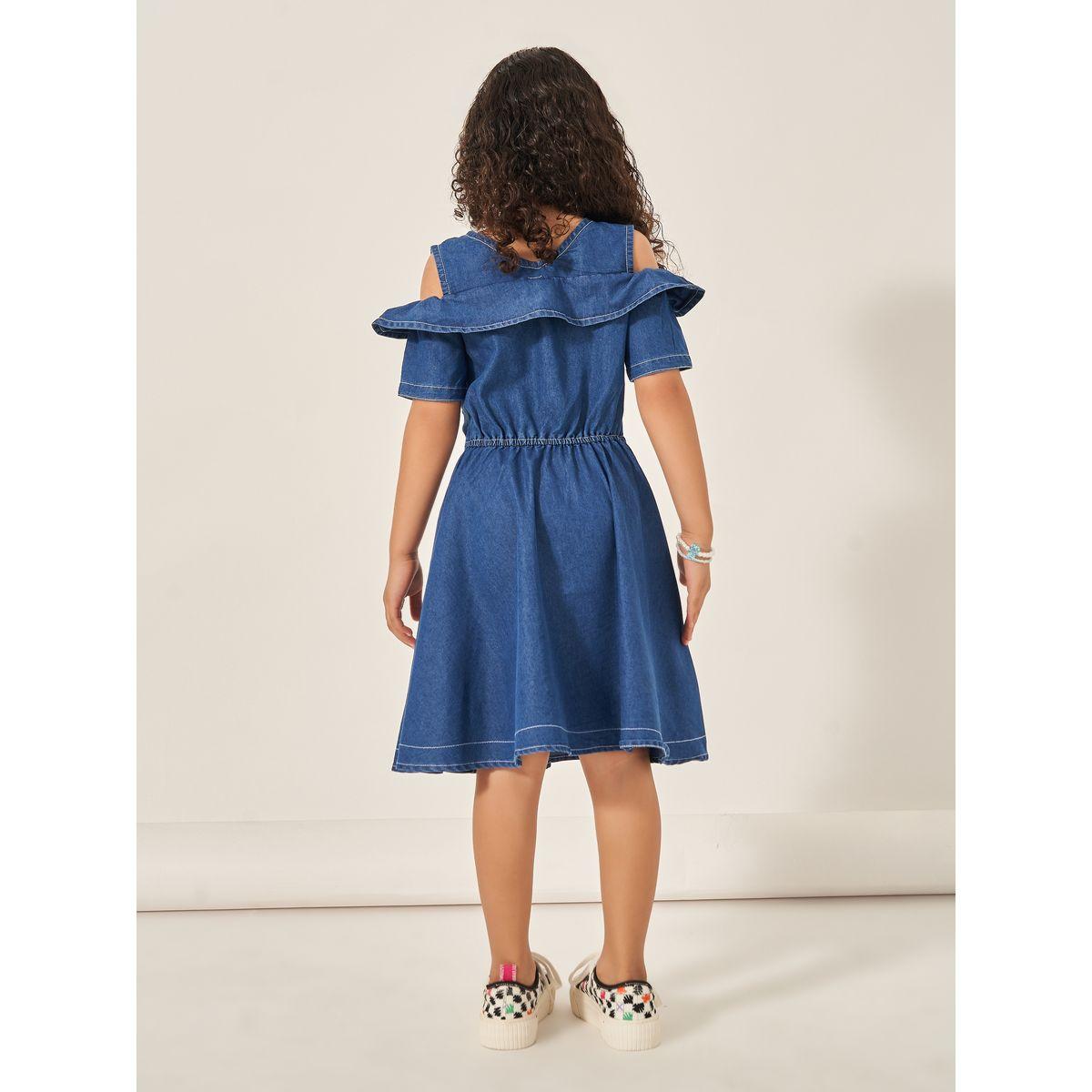 Styli Cold Shoulder Half-Zipper Knee Length Denim Dress-girls-clothing-dressesandjumpsuits-image-4