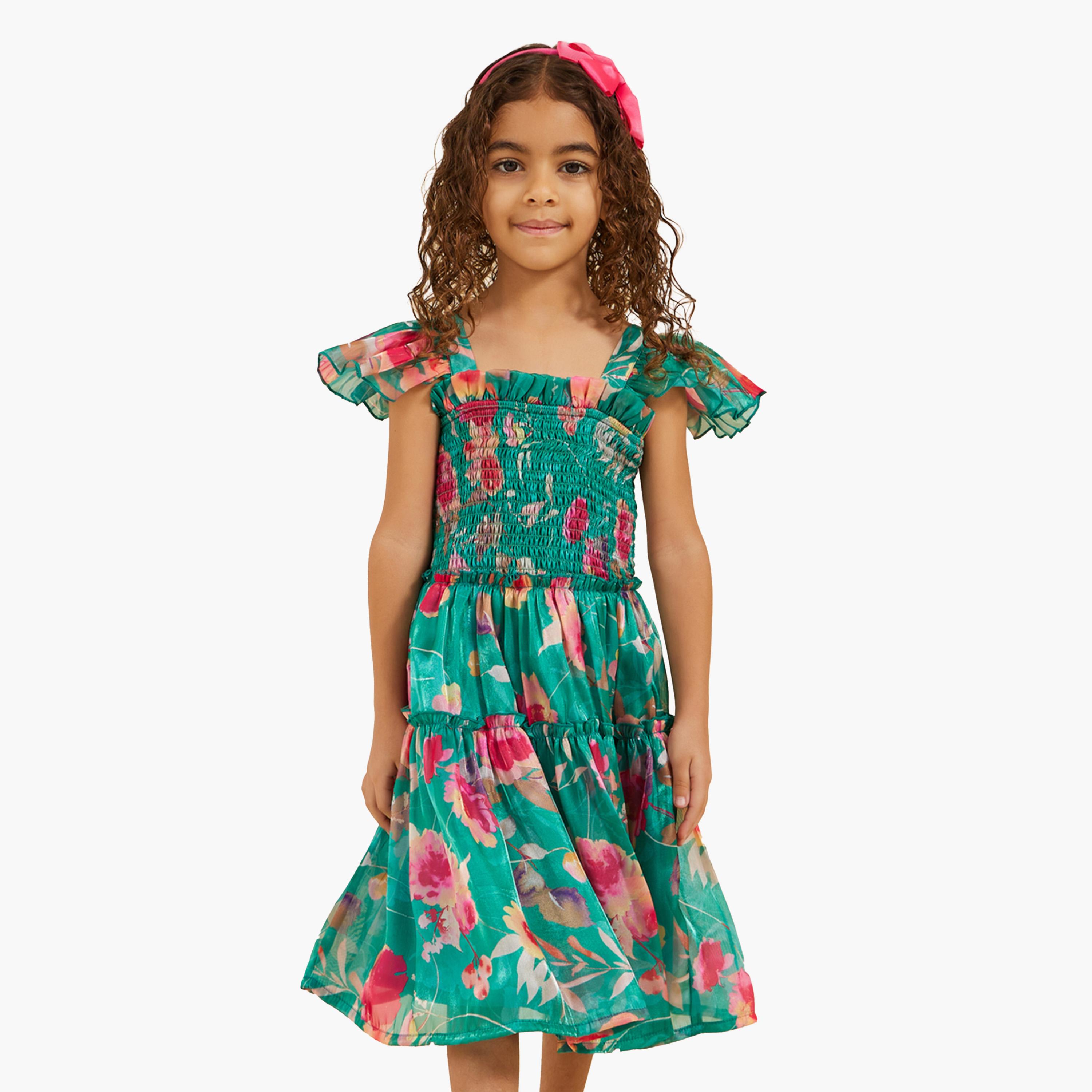 ستايلي-  فستان من الأورجانزا بطبعة زهور وأكمام مكشكشة وتصميم حرف A-girls-clothing-dressesandjumpsuits-image-1