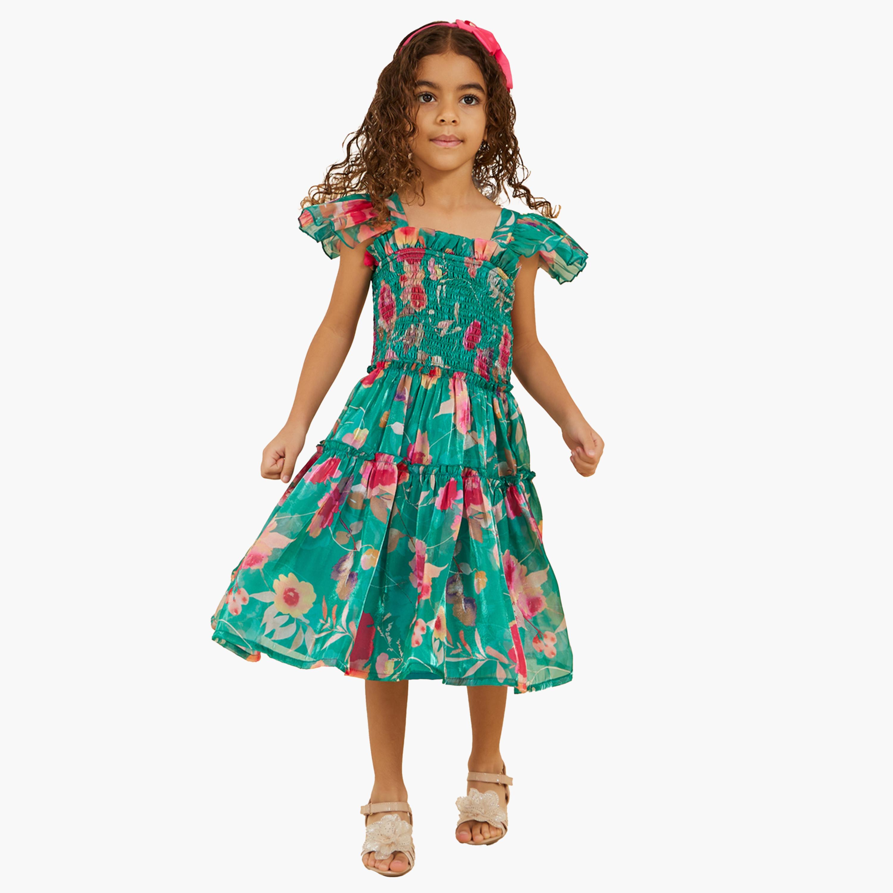 ستايلي-  فستان من الأورجانزا بطبعة زهور وأكمام مكشكشة وتصميم حرف A-girls-clothing-dressesandjumpsuits-image-2