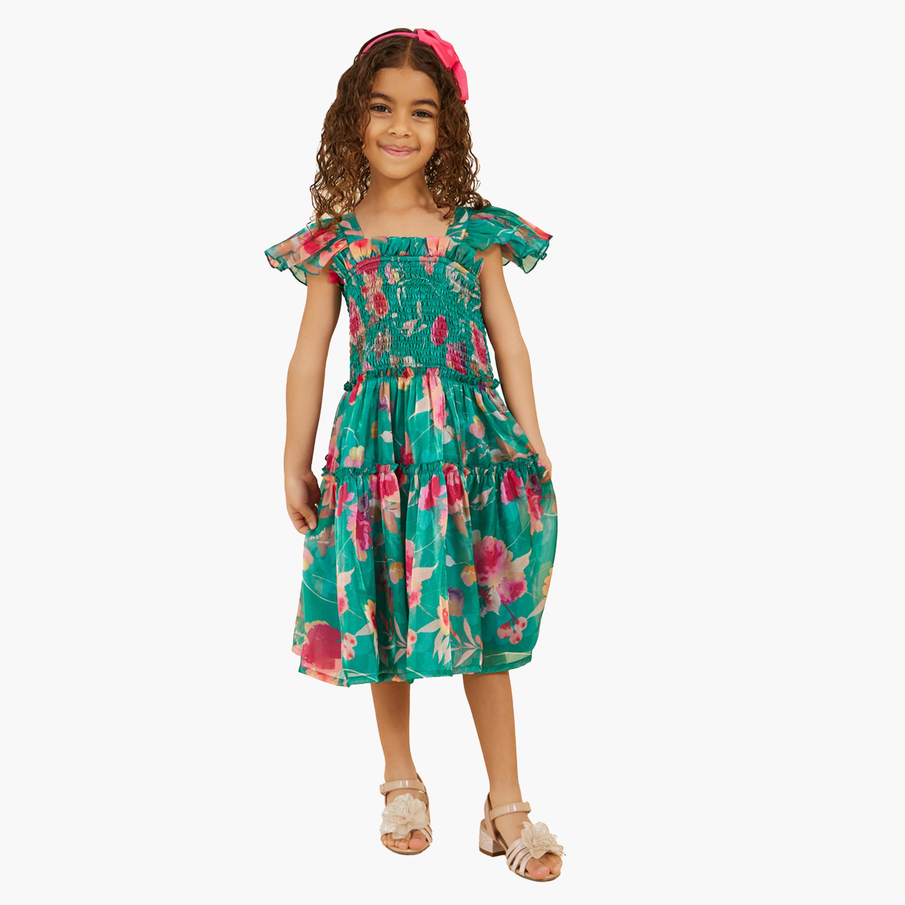 ستايلي-  فستان من الأورجانزا بطبعة زهور وأكمام مكشكشة وتصميم حرف A-girls-clothing-dressesandjumpsuits-image-3