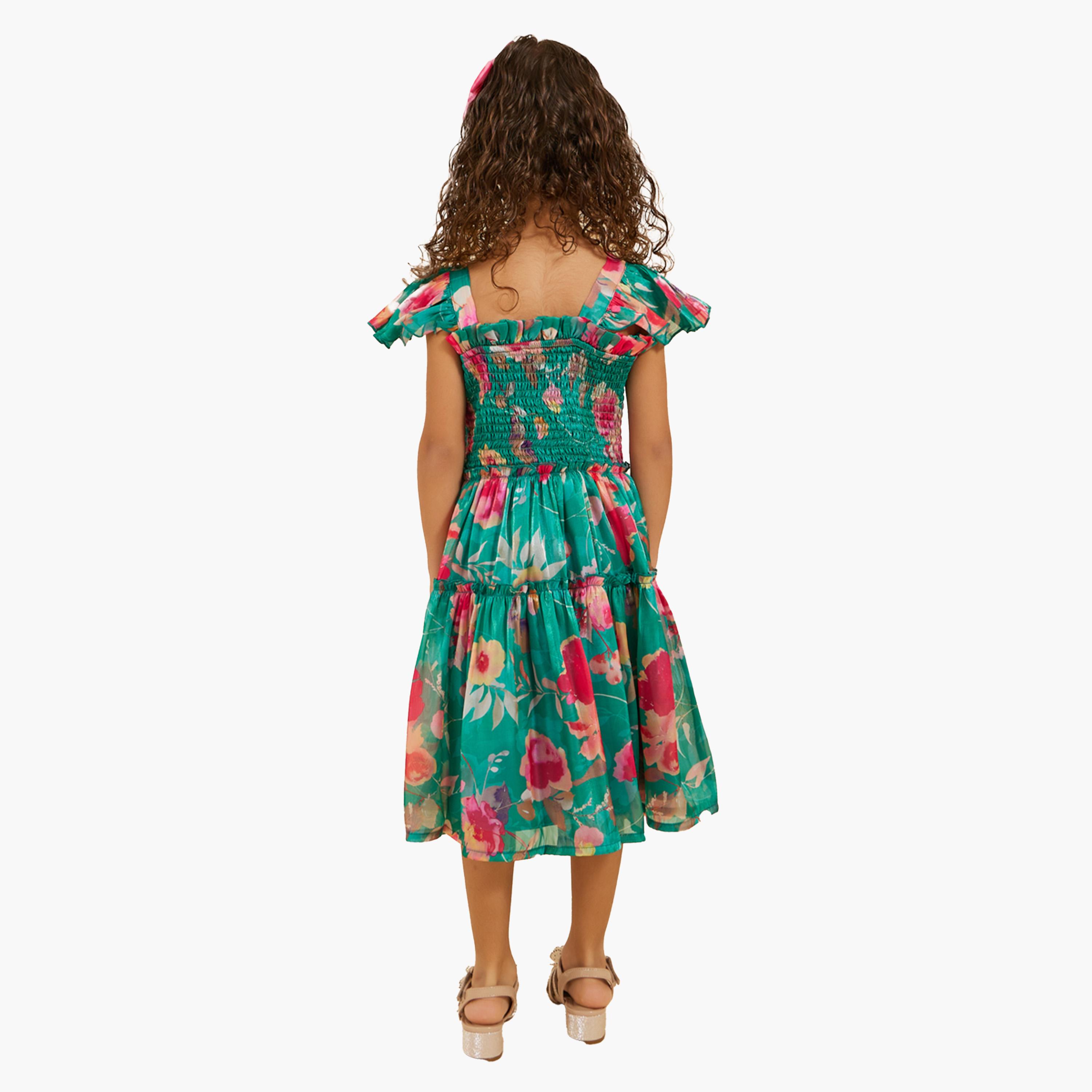 ستايلي-  فستان من الأورجانزا بطبعة زهور وأكمام مكشكشة وتصميم حرف A-girls-clothing-dressesandjumpsuits-image-5