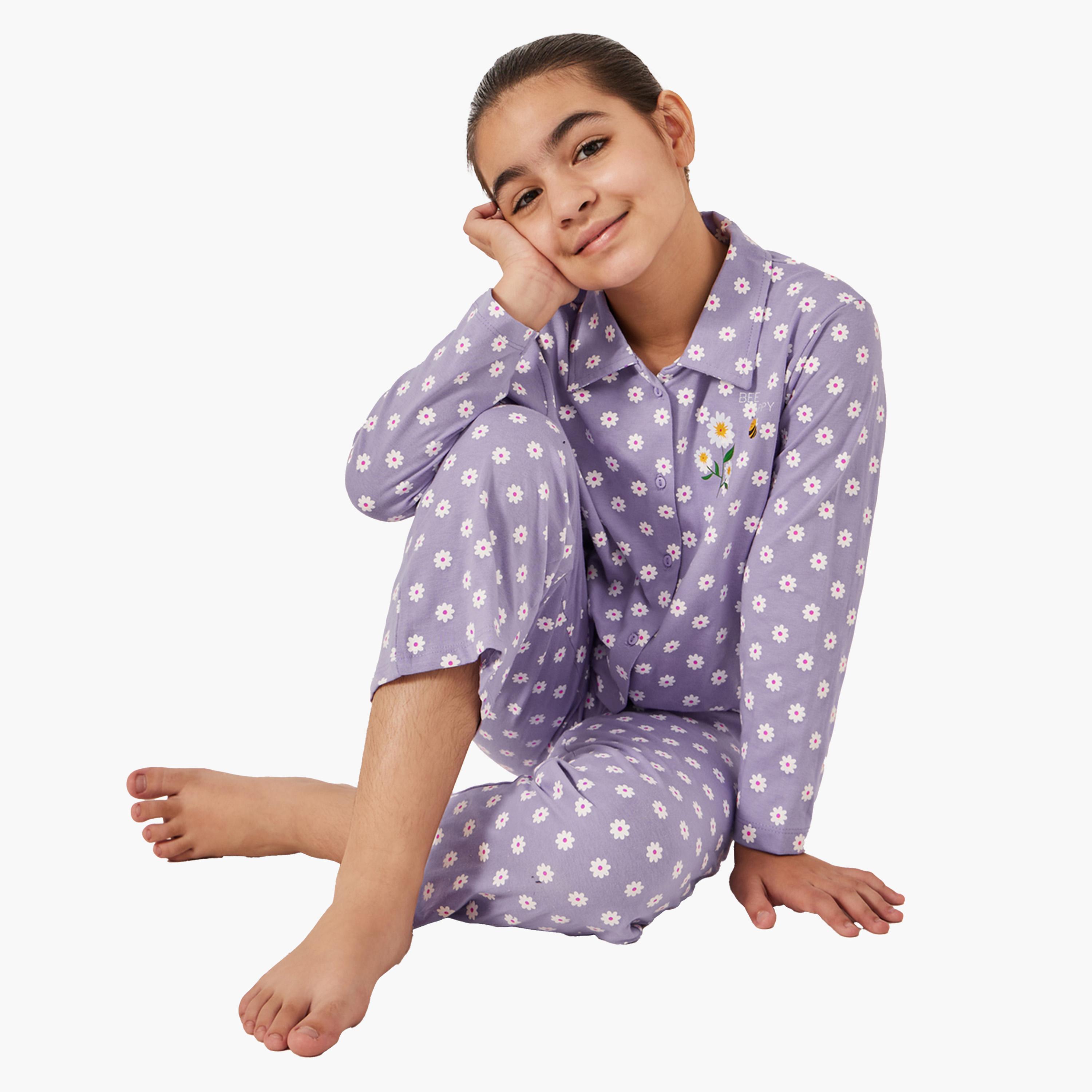 ستايلي-  بيجاما وقميص بأكمام طويلة بطبعة زهور الأقحوان-girls-clothing-setsandcoords-image-2