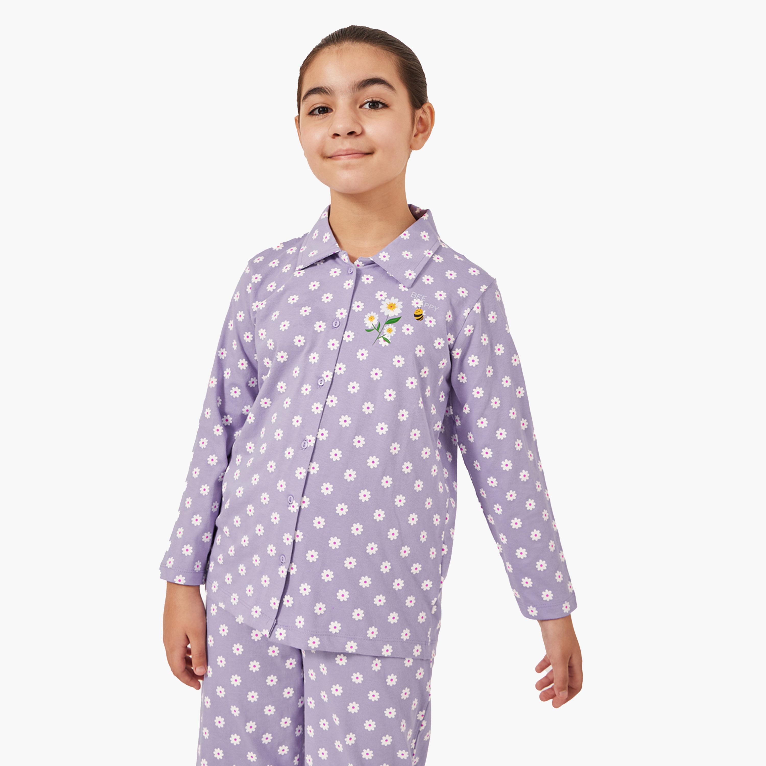 ستايلي-  بيجاما وقميص بأكمام طويلة بطبعة زهور الأقحوان-girls-clothing-setsandcoords-image-3