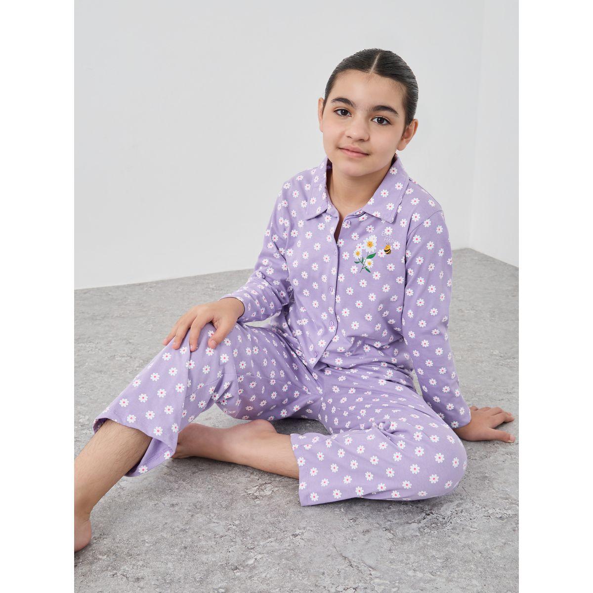 طقم بيجاما من بنطال وبلوزة بطبعة زهور-girls-clothing-setsandcoords-image-1