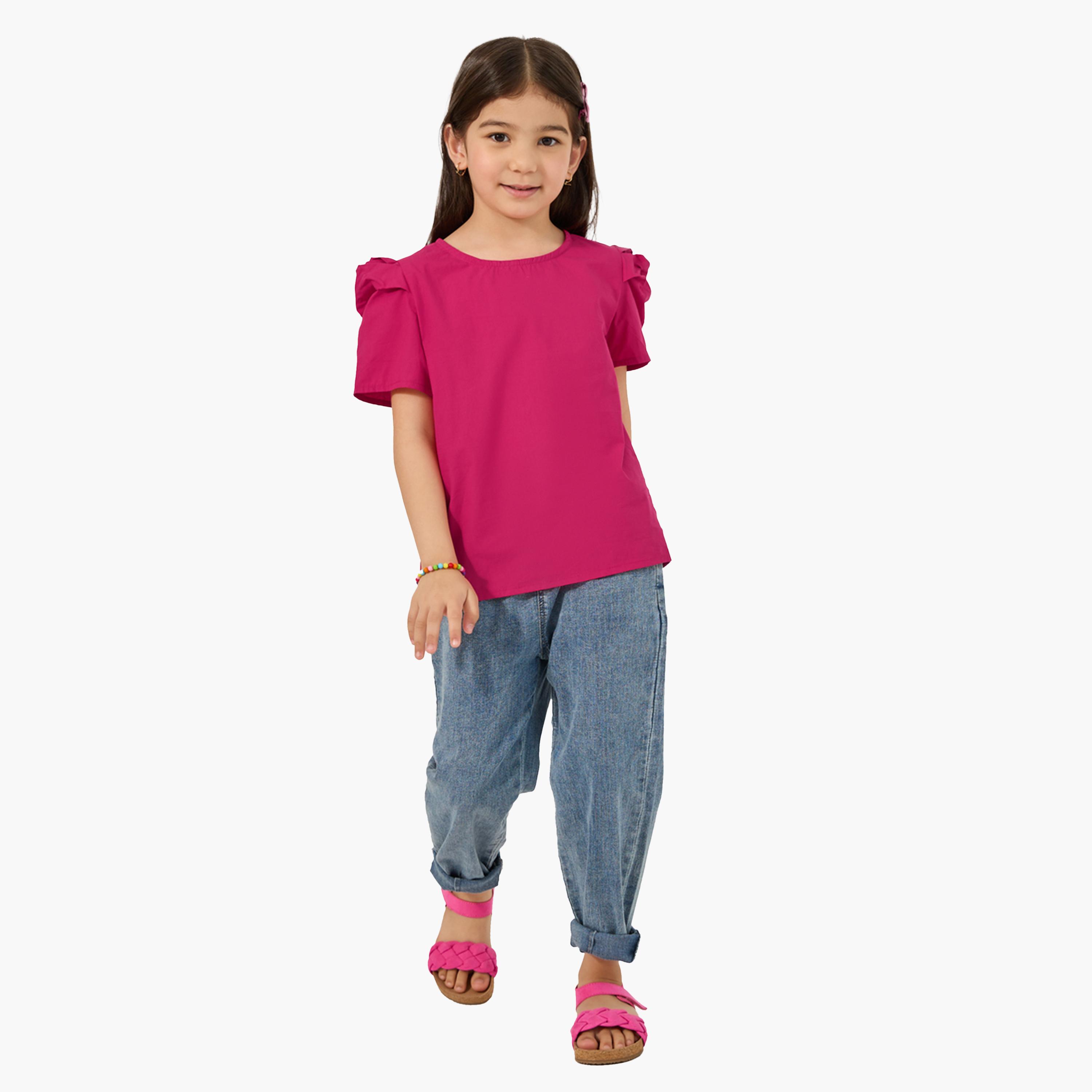 Styli Solid Puff Sleeves Top with Button Closure-girls-clothing-blousesandshirts-image-2