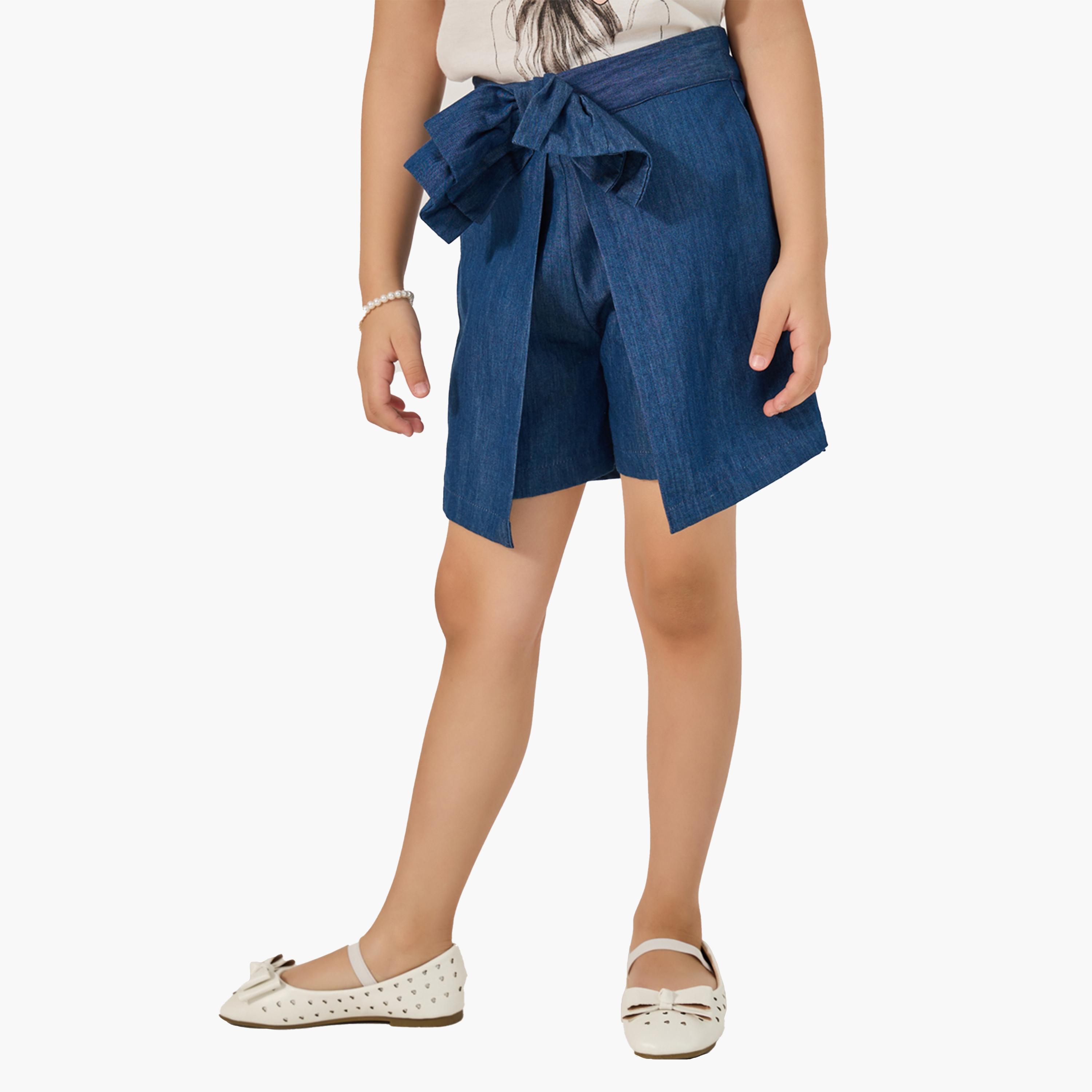 ستايلي - تنورة جينز بشورت داخلي مزينة بفيونكة سادة-girls-clothing-bottoms-shorts-image-4