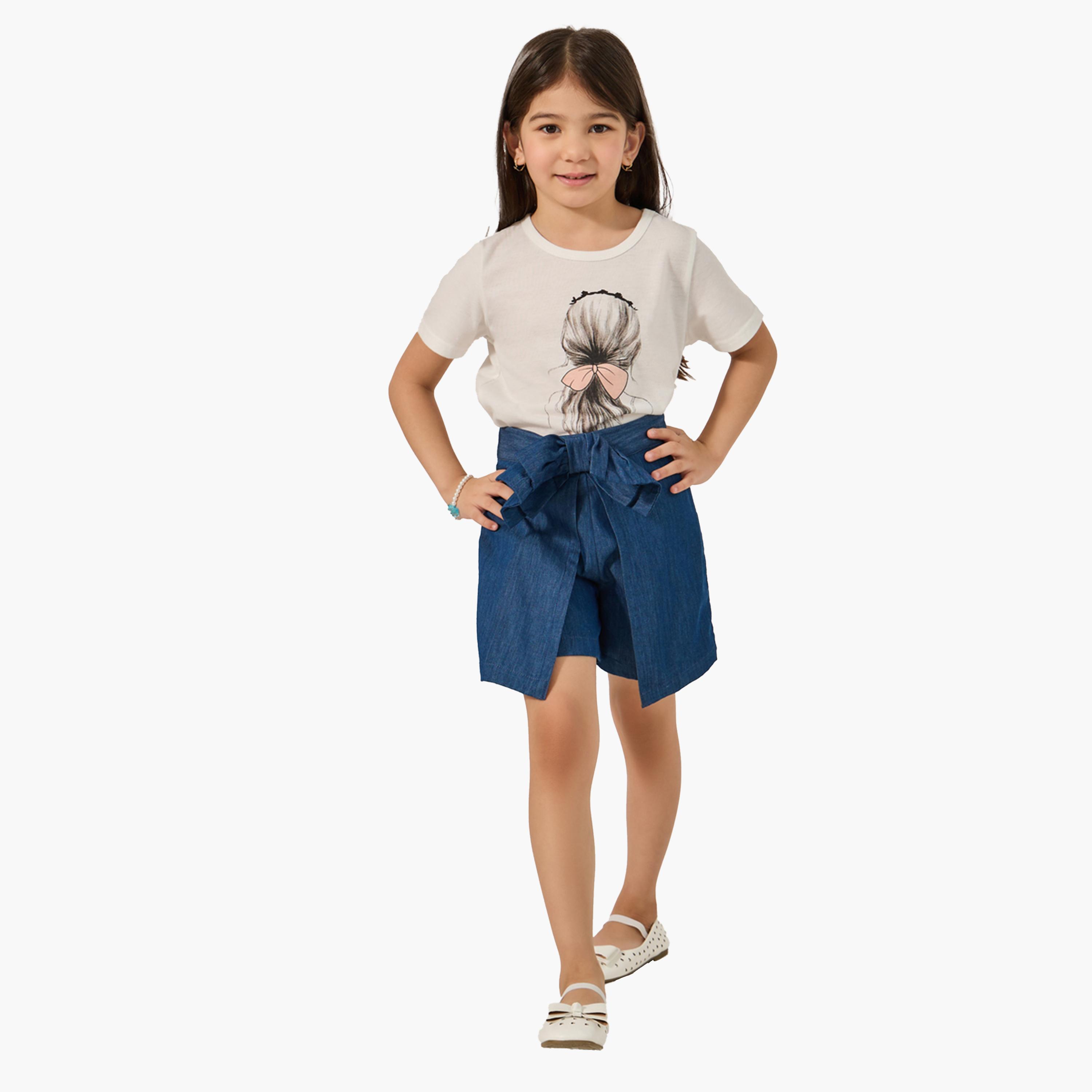 Styli Solid Bow Detail Denim Skort-girls-clothing-bottoms-shorts-image-2