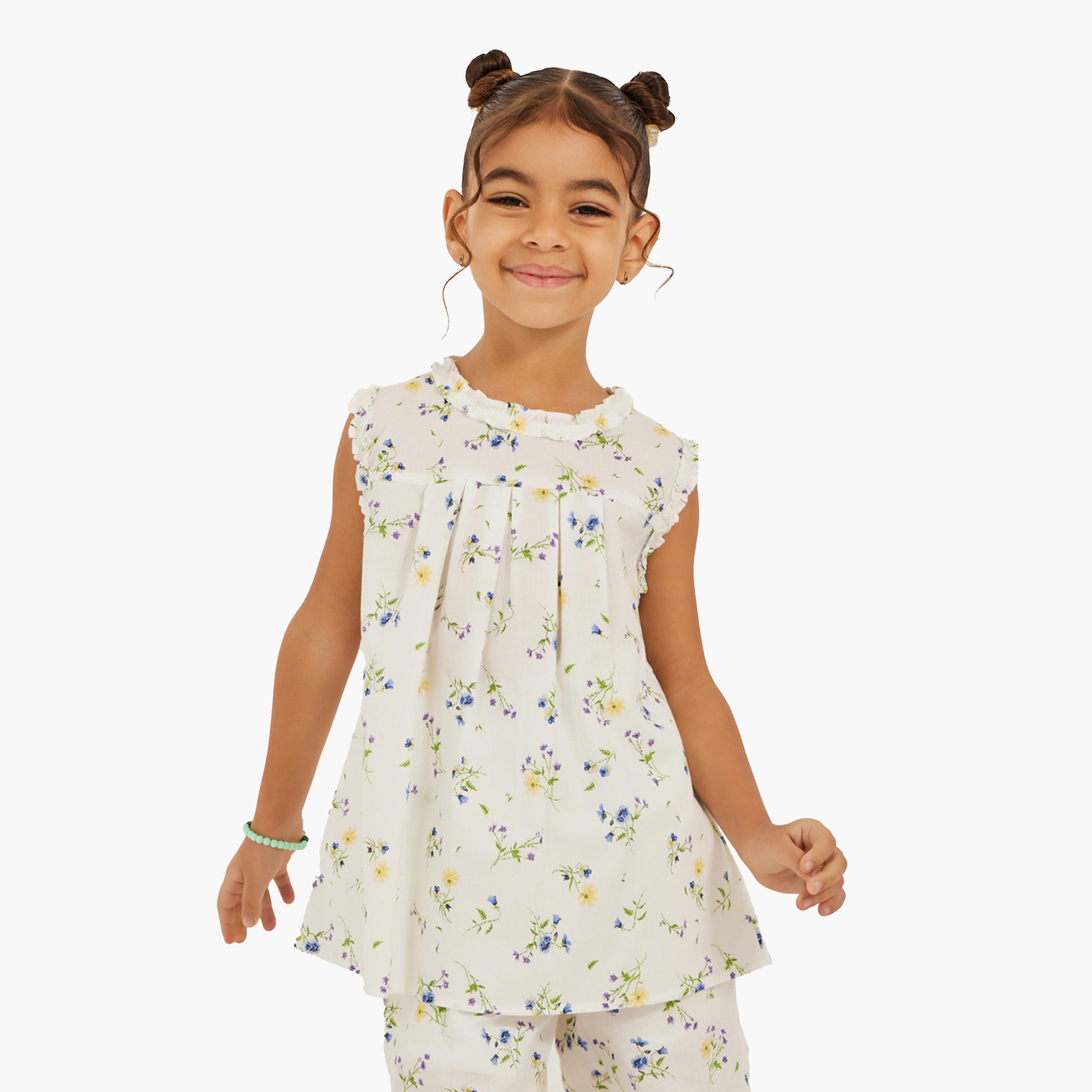 Styli Floral Printed Sleeveless Pleated Top-girls-clothing-blousesandshirts-image-1